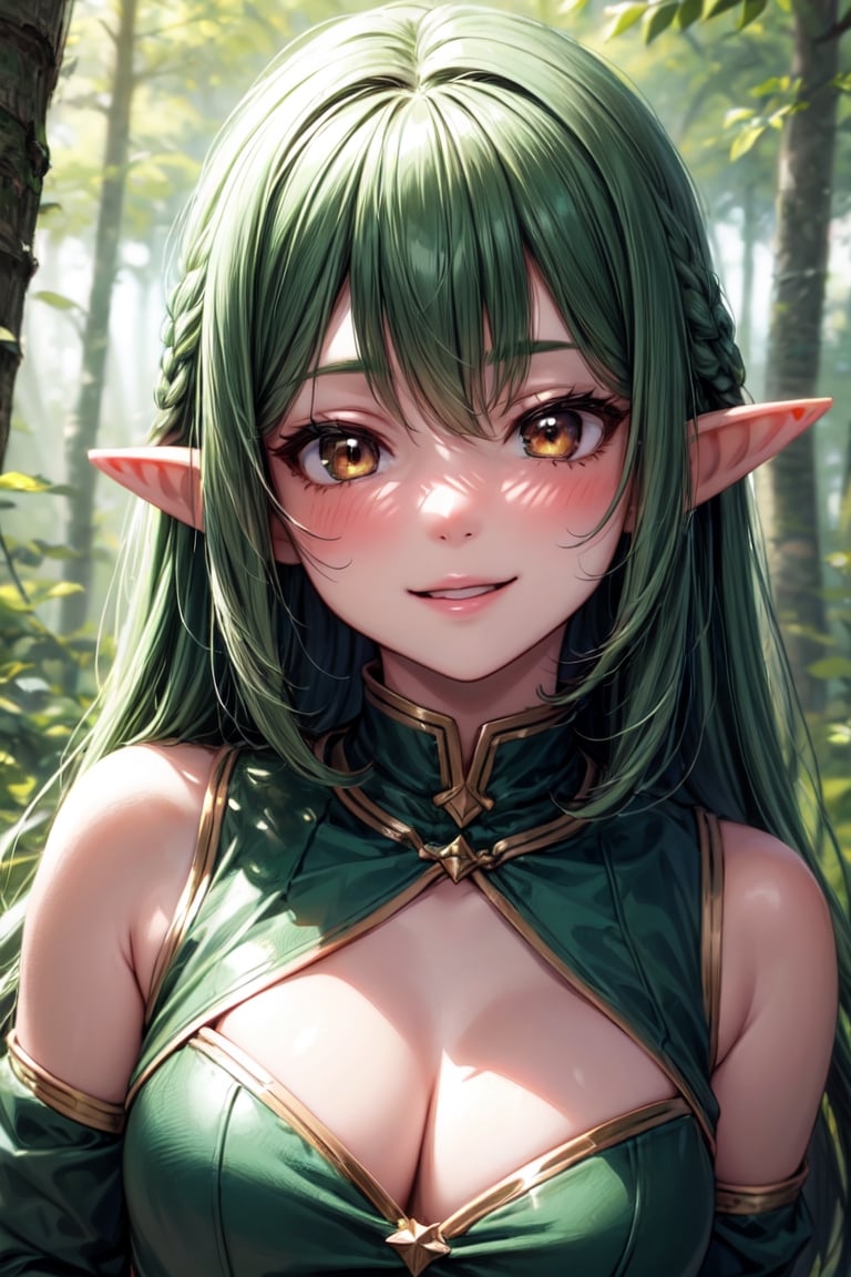 (1girl), (elf),pointy ears, long green hair, brown eyes, wearing elfic green dress, happy face, blissed face, red face, cosplay, in the forest, cute,, smooth colours, high details, 2.5d