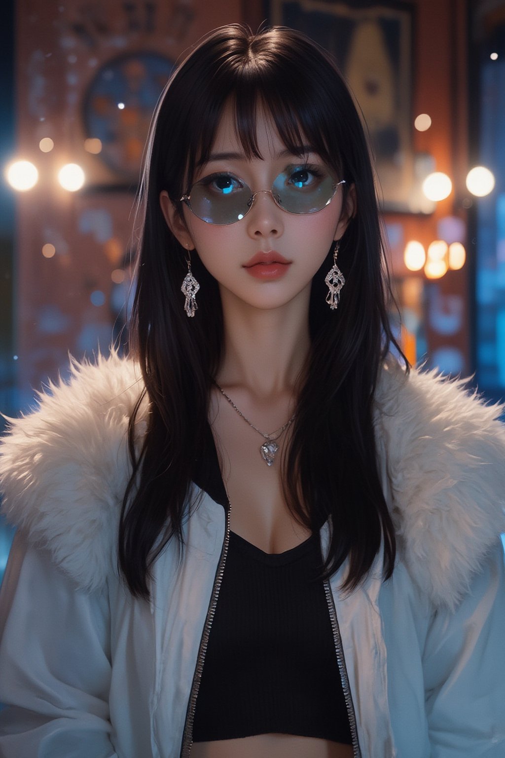 1girl, solo, long hair, looking at viewer, very badass girl, bangs, blue eyes, black hair, jewelry, jacket, upper body, sidelocks, earrings, parted lips, fur trim, black shirt, sunglasses, white jacket, zipper, looking over eyewear, ((masterpiece: 1.2)), light particles, stunning image, attractive image, digital art, professional style, anime style