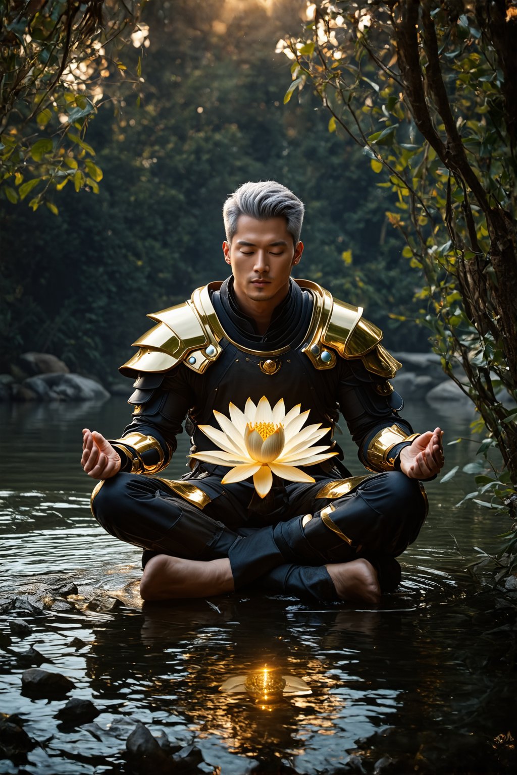 masterpiece, best quality, ultra-detailed, ultra high res, realistic, photorealistic, photo, RAW photo, realistic lighting, 
A stunningly handsome man, eyes closed with white hair, sitting cross-legged in meditation, holding a golden lotus flower. Clad in golden cyberpunk armor with an energy light in the center of his chest, next to a beautiful lotus pond. This mesmerizing image, possibly a painting, captures the serene yet powerful presence of the man in exquisite detail. Every element, from his peaceful expression to the intricate details of the armor and surroundings, exudes a sense of otherworldly beauty and grace. The overall composition and quality of the image convey a sense of awe and wonder, drawing the viewer into a moment of transcendence and inner peace.