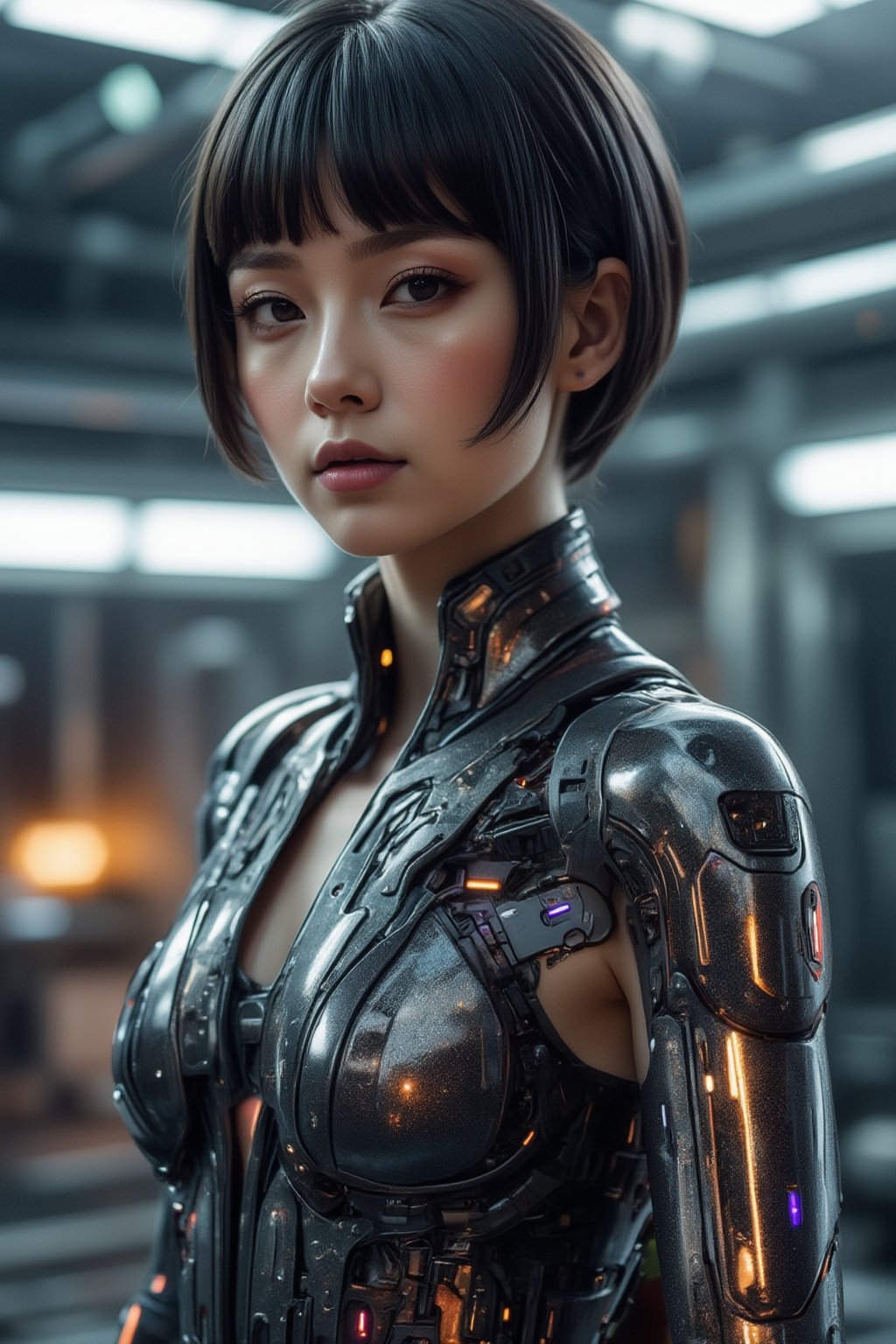 Inside the sleek, high-tech lab, a lone figure stands, gazing directly at the viewer with an air of confidence. The girl's short, bobbed hair is styled to perfection, framing her striking features. Her piercing gaze is focused on something just beyond the frame, as if inviting us into her world. She wears a futuristic bodysuit that highlights her toned upper body, its metallic sheen reflecting the lab's artificial lighting,FuturEvoLabMecha