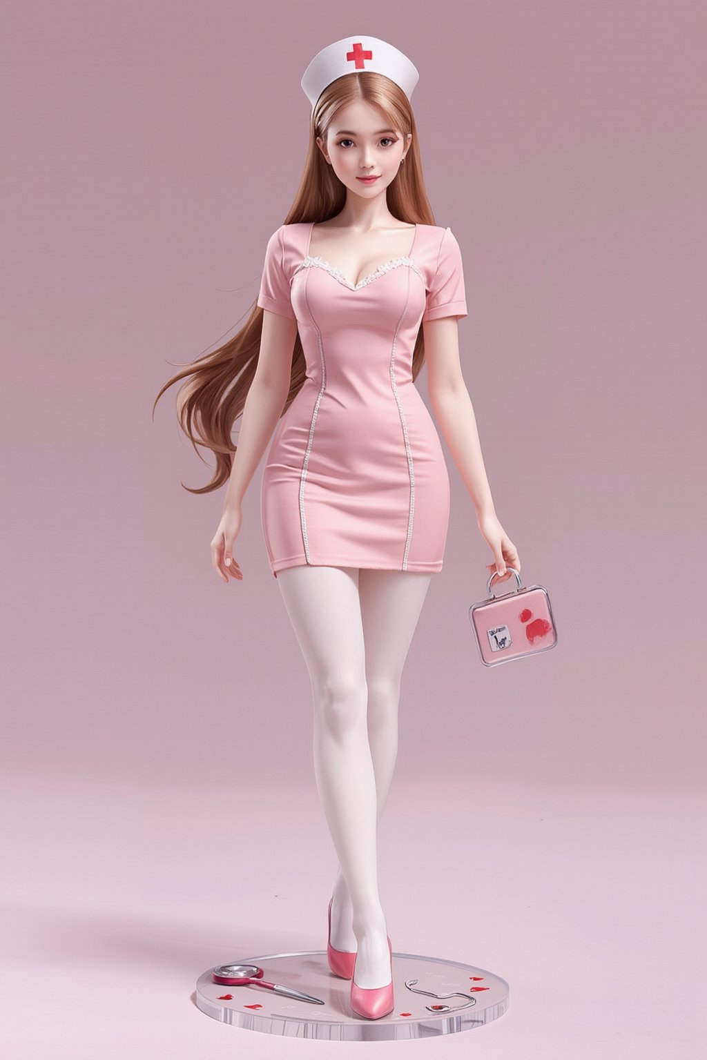 A high-quality anime-style figure of a stunning nurse, dressed in a cute and elegant pink nurse uniform. The figure features long, flowing hair cascading down her back, with a soft, gentle expression that exudes warmth and care. She is wearing a traditional nurse outfit, including a fitted pink dress with white accents and a matching pink nurse cap with a red cross emblem. Her dress is designed with delicate details, such as lace trim around the edges, and slightly flared at the hem, giving it a graceful, feminine touch. She holds a clipboard in one hand and a small medical kit in the other, adding to the authentic nurse aesthetic. Her stockings are white, paired with simple pink shoes, completing the professional yet cute look. The figure stands on a clear, minimalistic base with soft medical-themed elements, like a stethoscope and tiny red hearts, enhancing the nurturing, caring atmosphere. Her expression is kind and welcoming, making her appear as a compassionate and skilled nurse in a soft, pink-themed setting.
