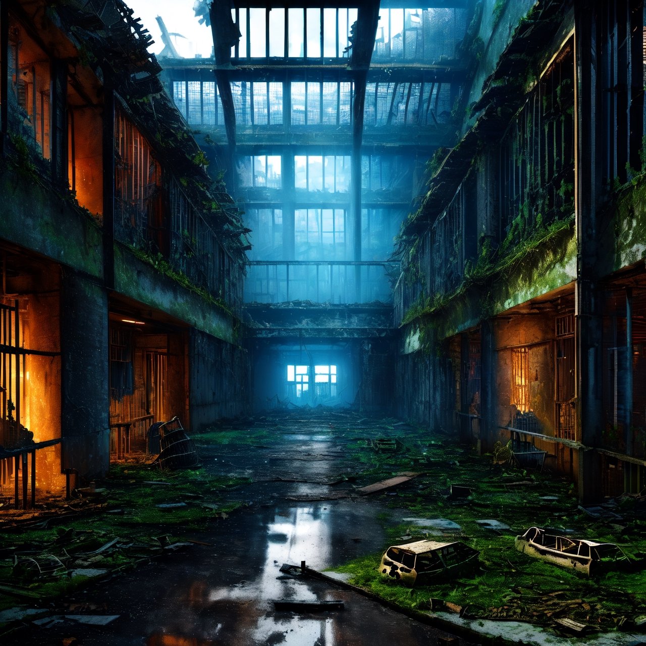 High-quality, ultra-realistic digital art, 64K HDR, eerie and haunting scene of (prison ruins:1.4) with (human skeletons:1.3), adjacent to a (dilapidated ancient hospital:1.4), crumbling walls, broken windows, overgrown vegetation, faded signs, rusted medical equipment, debris, sense of history and neglect, atmospheric lighting, photorealism.