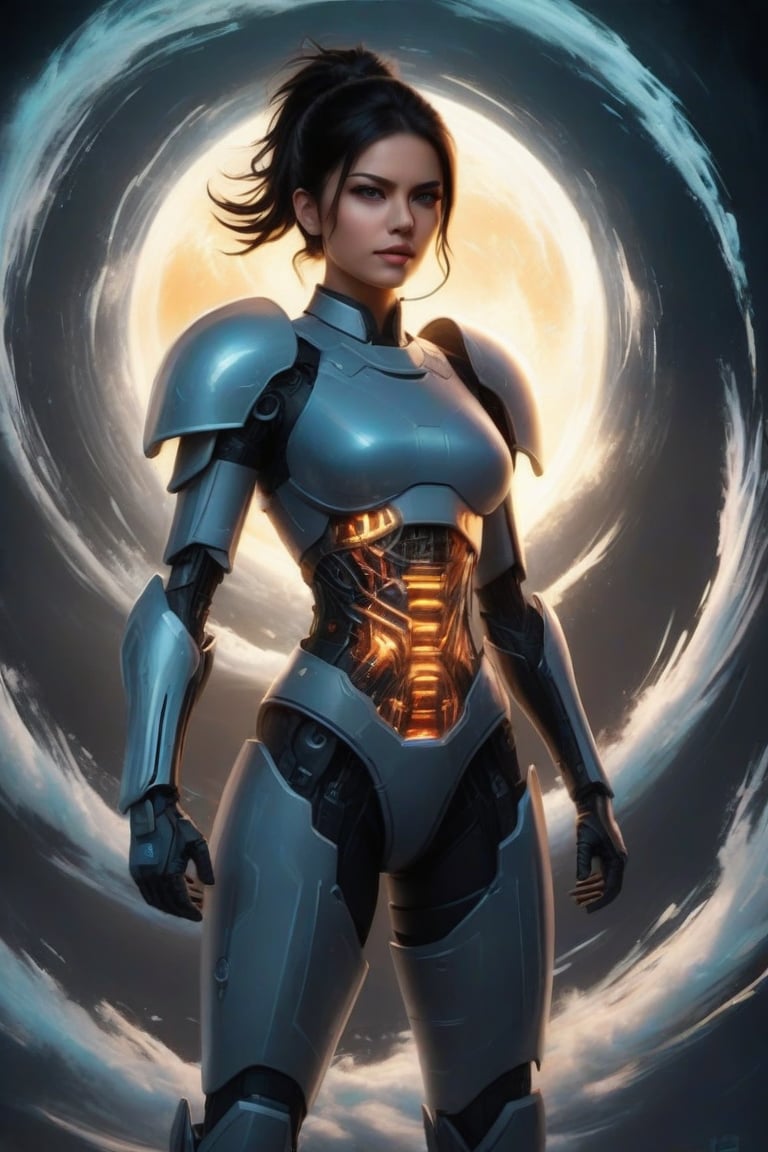 masterpiece, best quality, realistic, 1girl, solo, looking at viewer, black hair, standing, cowboy shot, armor, black background, FuturEvoLabMecha, 