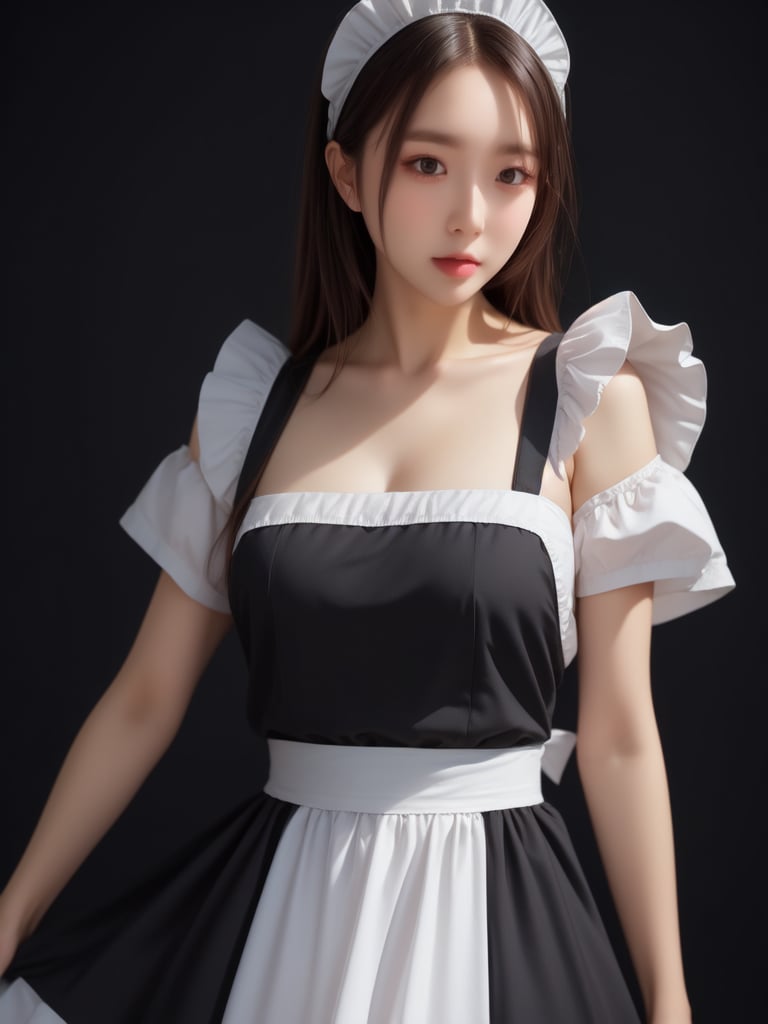 realistic, masterpiece, best quality, ultra-detailed, ultra high res, photorealistic, RAW photo, realistic lighting, 
BREAK
1girl:1.5, solo, upper body, Maid, FuturEvoLabgirl, FuturEvoLabMaid, black background, FuturEvoLabGirl