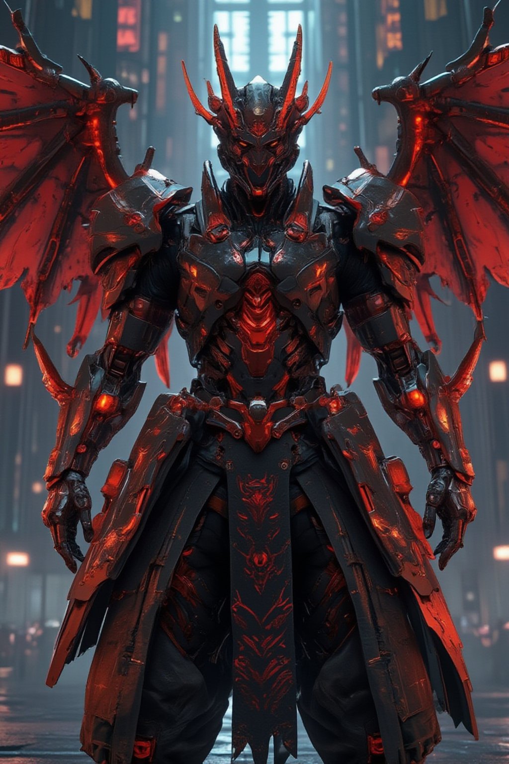 a red and black demon standing upright on the ground with two swords in front of him,  very beautiful cyberpunk samurai,...