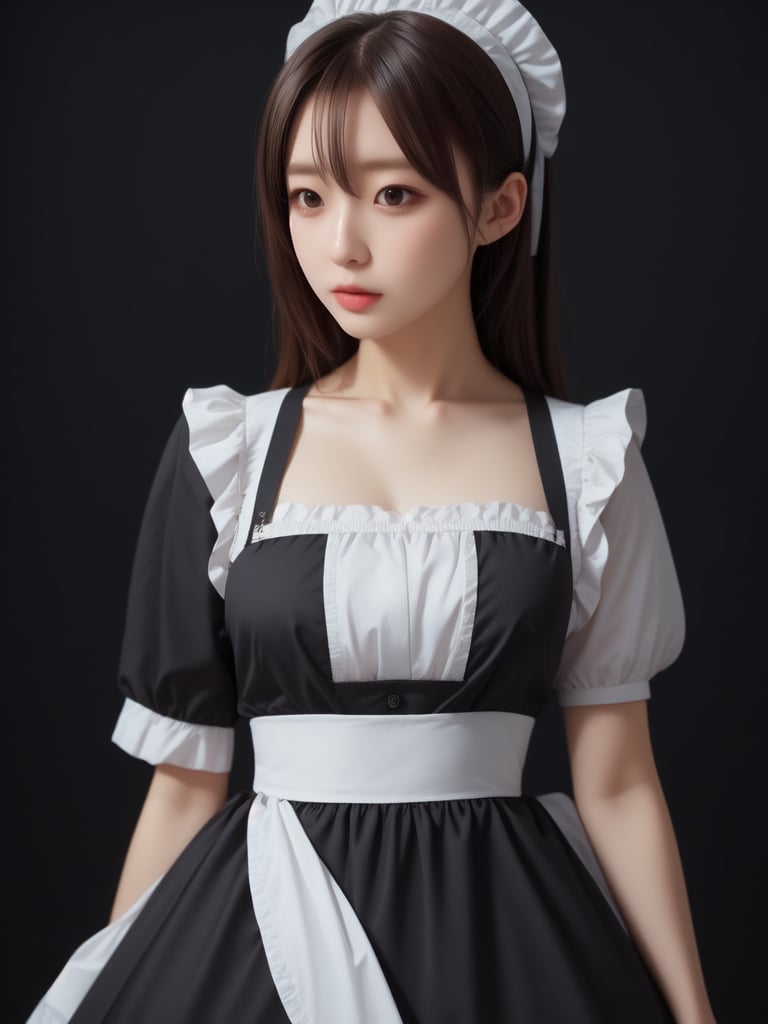 realistic, masterpiece, best quality, ultra-detailed, ultra high res, photorealistic, RAW photo, realistic lighting, 
BREAK
1girl:1.5, solo, upper body, Maid, FuturEvoLabgirl, FuturEvoLabMaid, black background, FuturEvoLabGirl