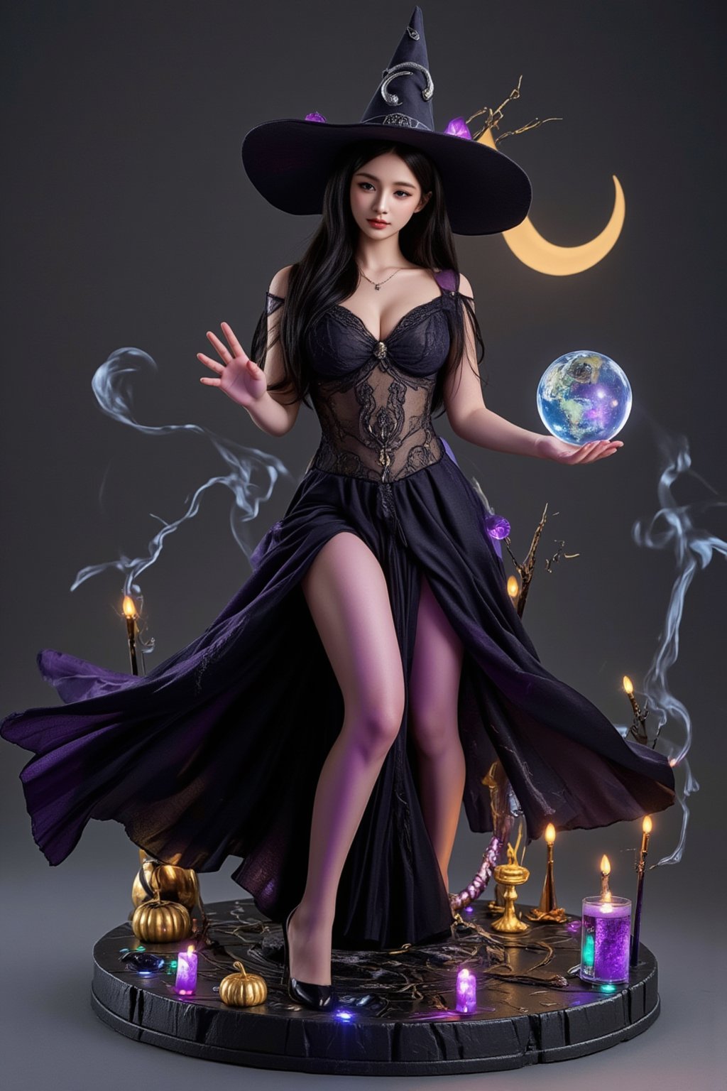 A stunning anime-style figure of a beautiful Dark Witch, dressed in a flowing black and deep purple gown with lace details. Her long, raven-black hair cascades down her back, and she wears a tall, pointed witch hat adorned with silver crescent moons. She holds a glowing crystal ball in one hand, her eyes shining with a mystical glow. The base is decorated with magical runes, glowing candles, and a swirling mist, creating a mysterious and powerful atmosphere. Her expression is both alluring and dangerous, capturing the essence of dark magic and Halloween mystery.