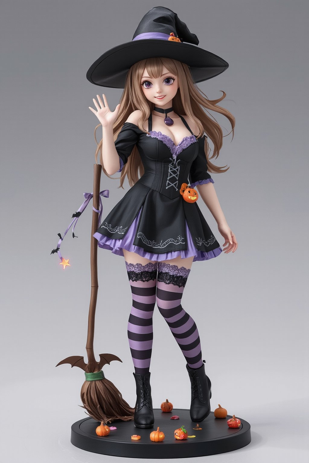 A high-quality anime-style figure of a cute girl dressed in a Halloween-themed witch costume. The figure features long, flowing hair with a playful curl at the ends, and she wears a classic, oversized witch hat with a small pumpkin charm attached to the tip. Her outfit consists of a short, flared black and purple dress with lace trim and a corset-style bodice, perfectly capturing the whimsical and festive Halloween vibe. The dress is adorned with small pumpkin and bat details, and her striped thigh-high stockings and black boots add a fun, magical touch. In one hand, she holds a broomstick decorated with ribbons and tiny glowing stars, while the other hand waves playfully. Her expression is cheerful and mischievous, with a wide smile that matches the Halloween spirit. She stands on a base featuring scattered candy, small pumpkins, and glowing jack-o'-lanterns, adding to the festive atmosphere. The overall design combines the charm of a cute witch with the playful, spooky essence of Halloween, making her both enchanting and adorable.
