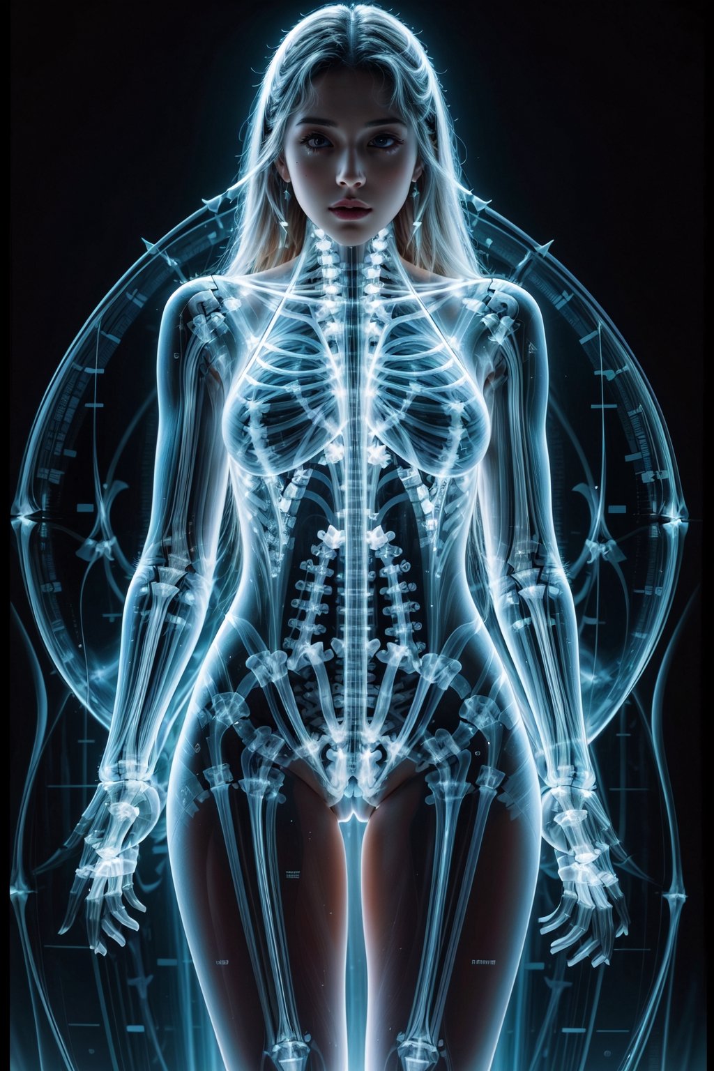 Masterpiece, High quality, 64K, Unity 64K Wallpaper, HDR, Best Quality, RAW, Super Fine Photography, Super High Resolution, Super Detailed, Beautiful and Aesthetic, Stunningly beautiful, Perfect proportions, by FuturEvoLab, 
(X-Ray Style:1.5), X-Ray, X-ray slides of female skeletons, 