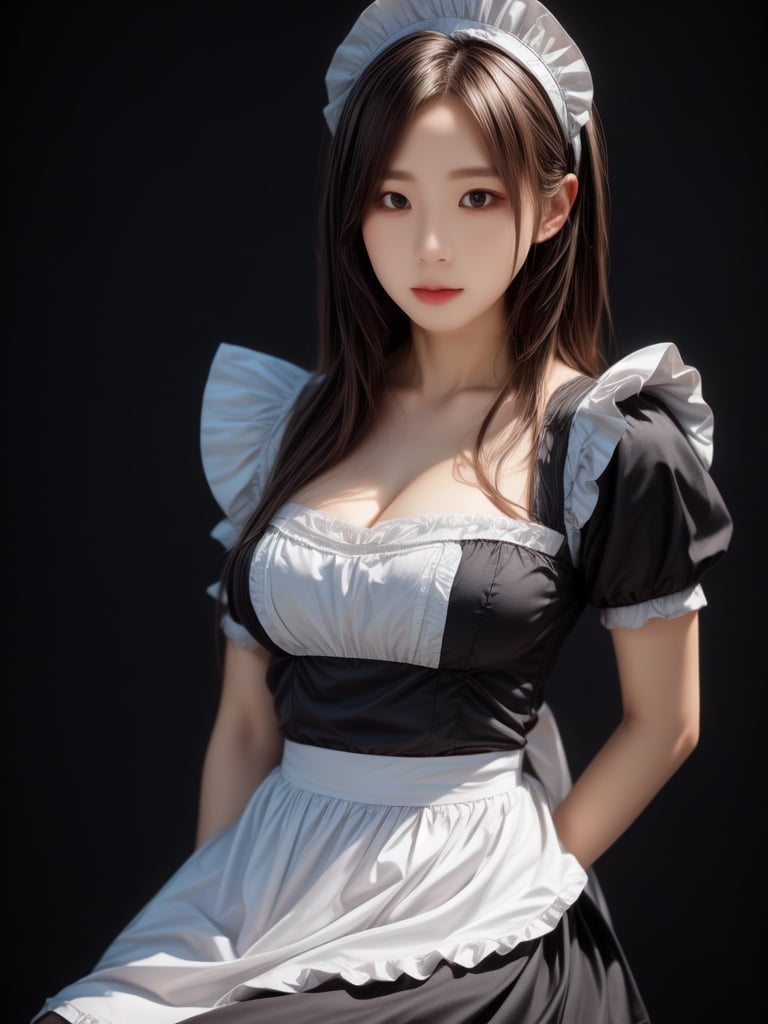 realistic, masterpiece, best quality, ultra-detailed, ultra high res, photorealistic, RAW photo, realistic lighting, 
BREAK
1girl:1.5, solo, upper body, Maid, FuturEvoLabgirl, FuturEvoLabMaid, black background, FuturEvoLabGirl