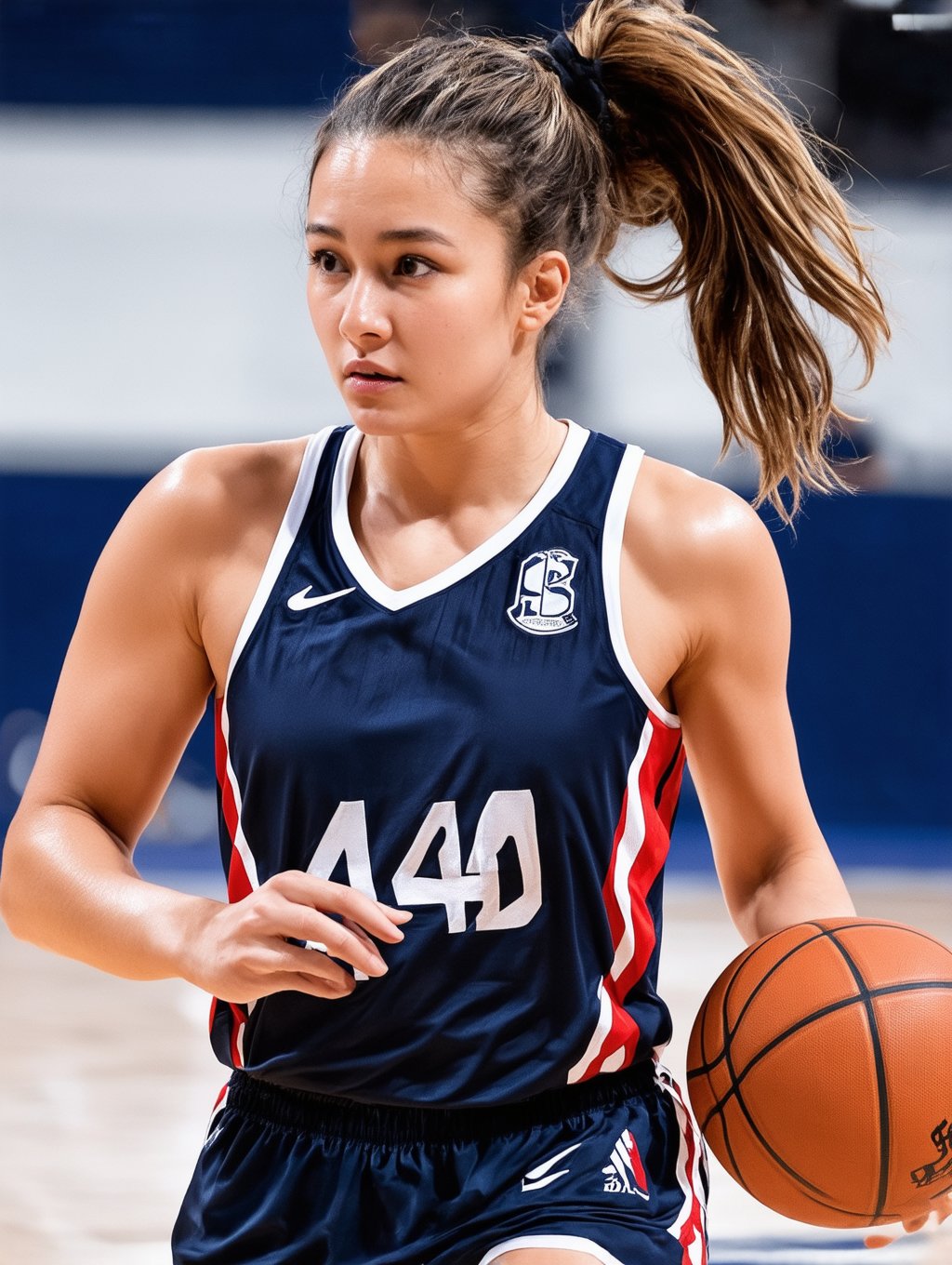 A stunningly athletic basketball girl with porcelain-like white skin, her appearance exudes beauty and grace. A dynamic portrait captures her in mid-dribble, showcasing her physical prowess and confidence. Every detail is meticulously rendered, from her elegant posture to the vibrant colors of her jersey and the intensity in her gaze. The image radiates power and energy, drawing viewers into the captivating world of sports and athleticism.,FuturEvoLabChibi