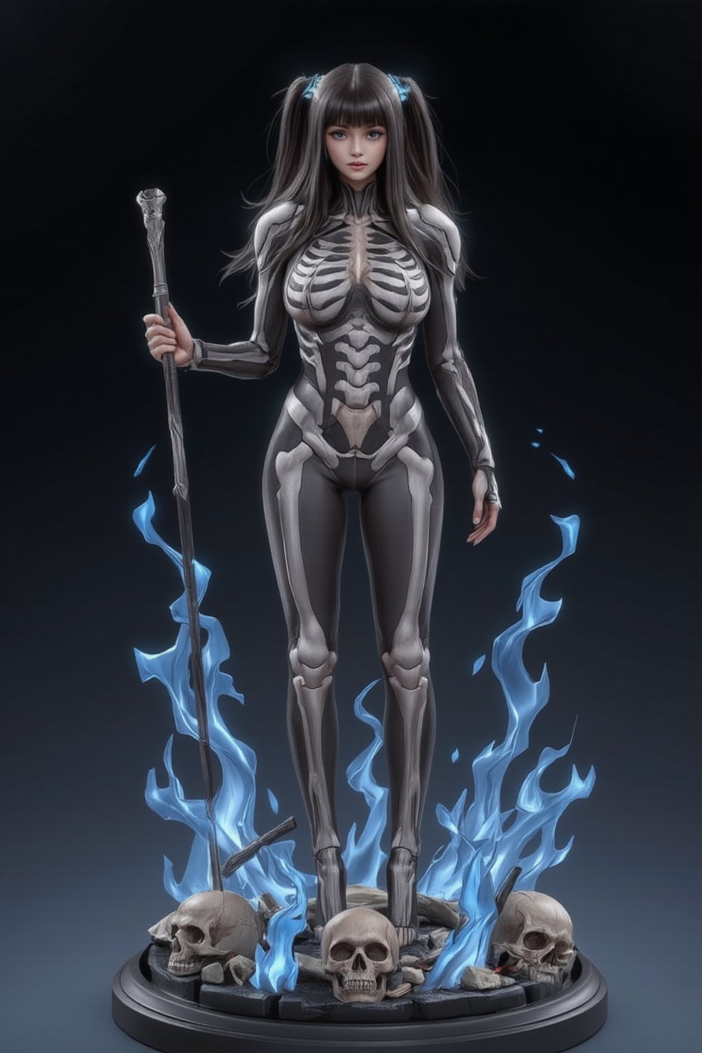 FuturEvoLabFigure, 
An anime-style figure of a girl dressed as a skeleton warrior, featuring an intricately designed bone-like armor. Her outfit consists of skeletal elements covering her body, with glowing blue eyes and a scythe in hand. The base is decorated with skeletal remains and eerie blue flames, creating a spooky yet powerful Halloween atmosphere.