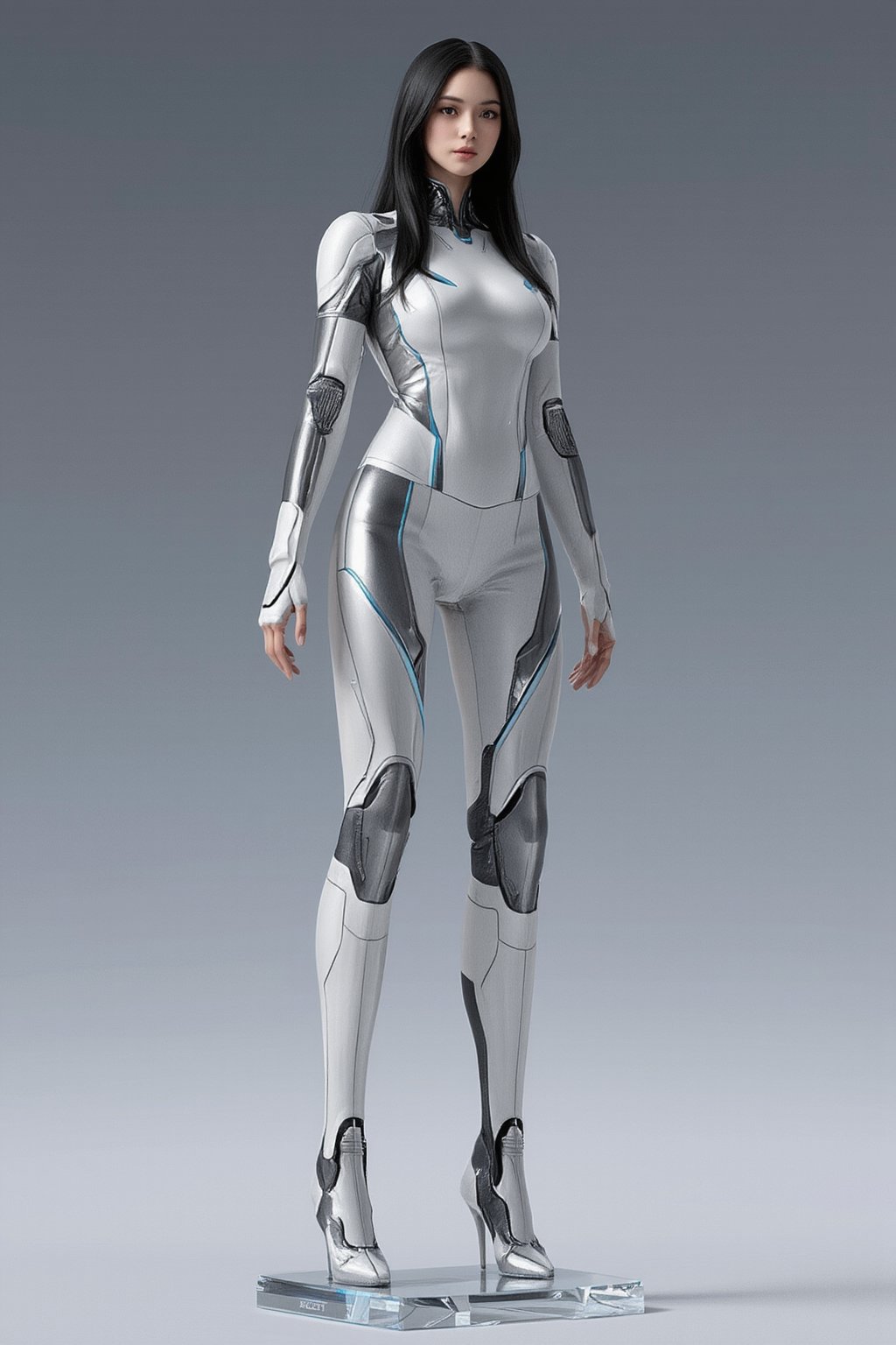 A high-quality anime-style figure of a stunning futuristic mech girl, dressed in sleek, high-tech armor. The figure features long, flowing black hair with a metallic sheen, cascading down her back, and her body is encased in a slim-fitting, glossy white and silver exosuit, highlighting her futuristic appearance. She is posed leaning slightly forward, with her hands resting together, exuding both elegance and power. Her armor is intricately designed, with glowing neon blue lines running across her body, giving off a high-tech, cybernetic vibe. Her legs are clad in form-fitting, armored plating that accentuates her sleek silhouette, with mechanical joints and robotic details visible at the knees and ankles. She stands on a clear, minimalistic base with holographic elements that create a sense of hovering technology. The design includes advanced weaponry subtly integrated into her armor, and her pose and expression blend grace with the strength of a high-tech warrior., FuturEvoLabGiant, 