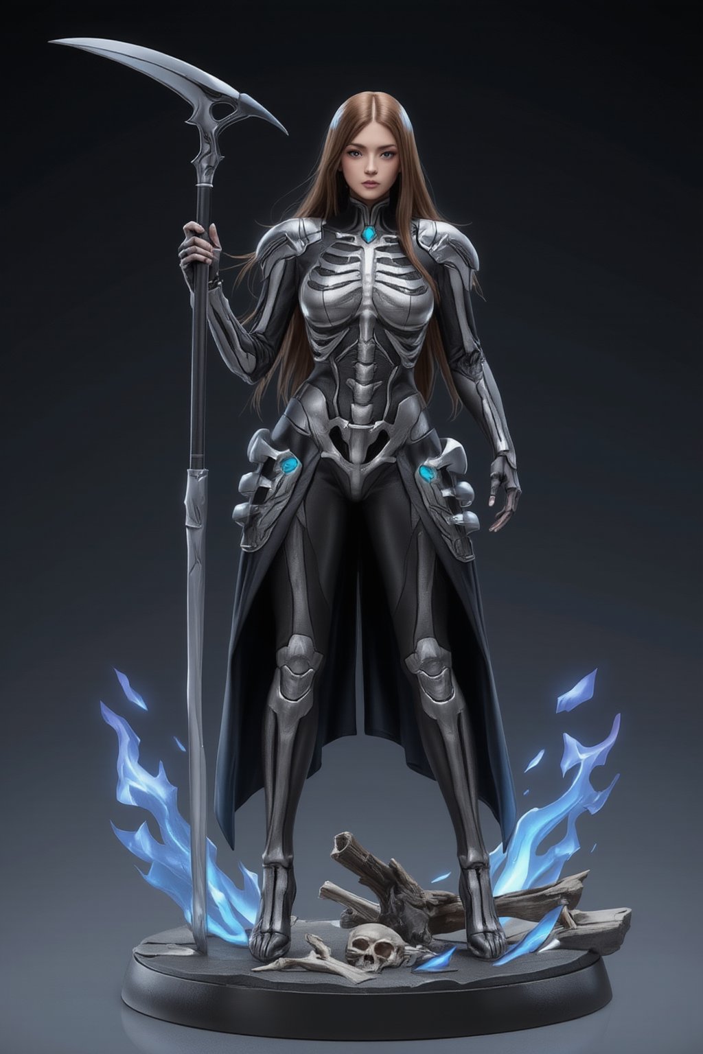 FuturEvoLabFigure, 
An anime-style figure of a girl dressed as a skeleton warrior, featuring an intricately designed bone-like armor. Her outfit consists of skeletal elements covering her body, with glowing blue eyes and a scythe in hand. The base is decorated with skeletal remains and eerie blue flames, creating a spooky yet powerful Halloween atmosphere.