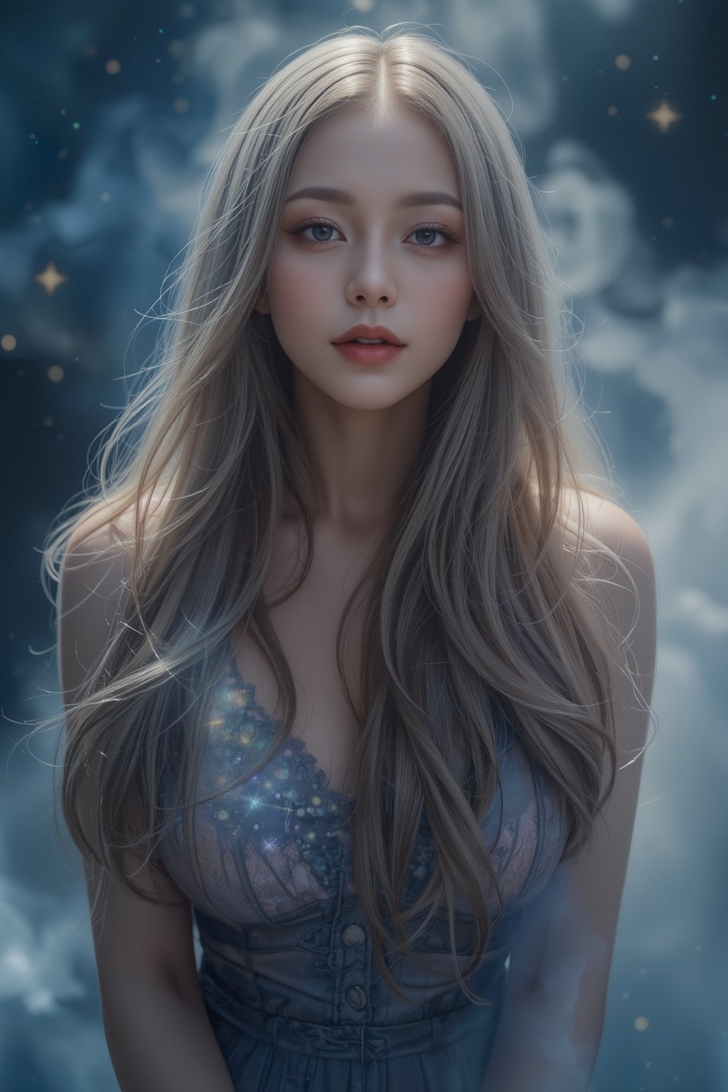 Mystical sorceress with mesmerizing long swirling hair,  surrounded by a whimsical environment of twinkling stars and ethe...