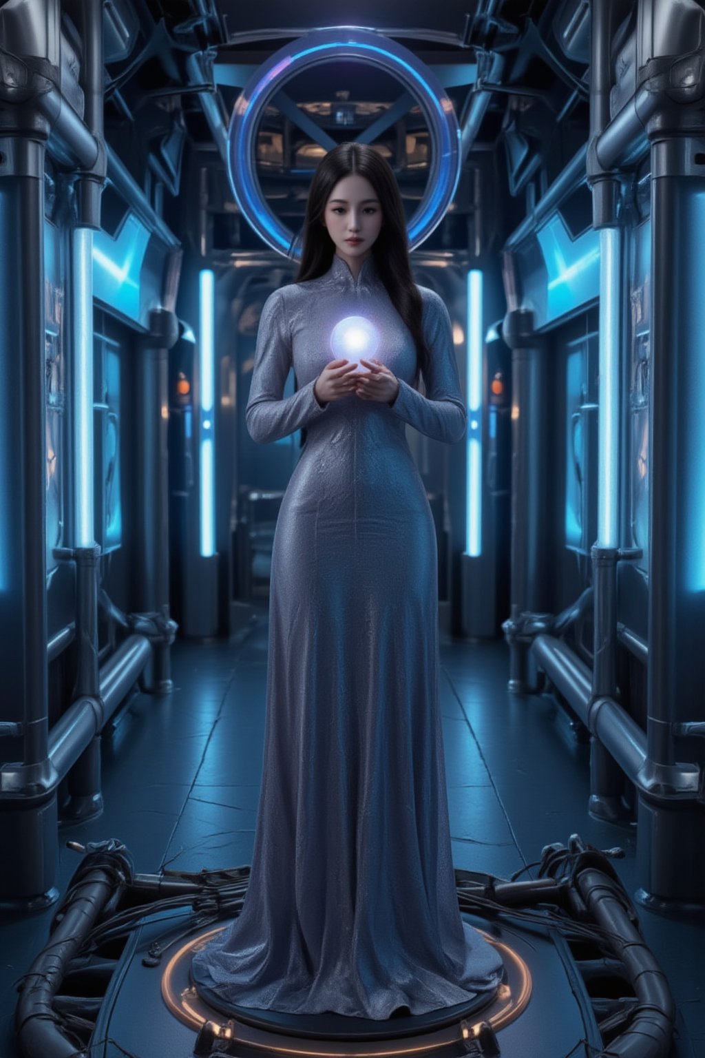 A hauntingly beautiful figure of a witch in a futuristic laboratory setting. The Patuung (a traditional Chinese witch) statue stands tall amidst a backdrop of sleek, metallic machinery and glowing blue tubes. The lighting is dim, with flickering fluorescent lights casting an eerie glow on the subject's pale skin. The witch's pose exudes an air of mystery, her hands grasping a glowing orb as if channeling ancient powers.