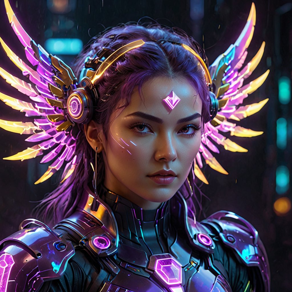 masterpiece, best quality, 
BREAK
Cyberpunk mecha girl portrait, Wings of Dreams, The Radiance of Cosmic Energy, Emitting the energy of lightning, colorful and flashing. 
BREAK
A detailed and ornate badge featuring purple gemstones and gold elements, intricate design, futuristic emblem, cyberpunk aesthetics, high-tech details, luminous accents, advanced technology patterns, symmetrical layout, metallic texture, holographic effects, neon highlights, dark background, vibrant hues, luxurious appearance, high contrast, visually striking, elegant and modern, intricate craftsmanship, FuturEvoLabBadge, FuturEvoLabFlame, FuturEvoLabLightning