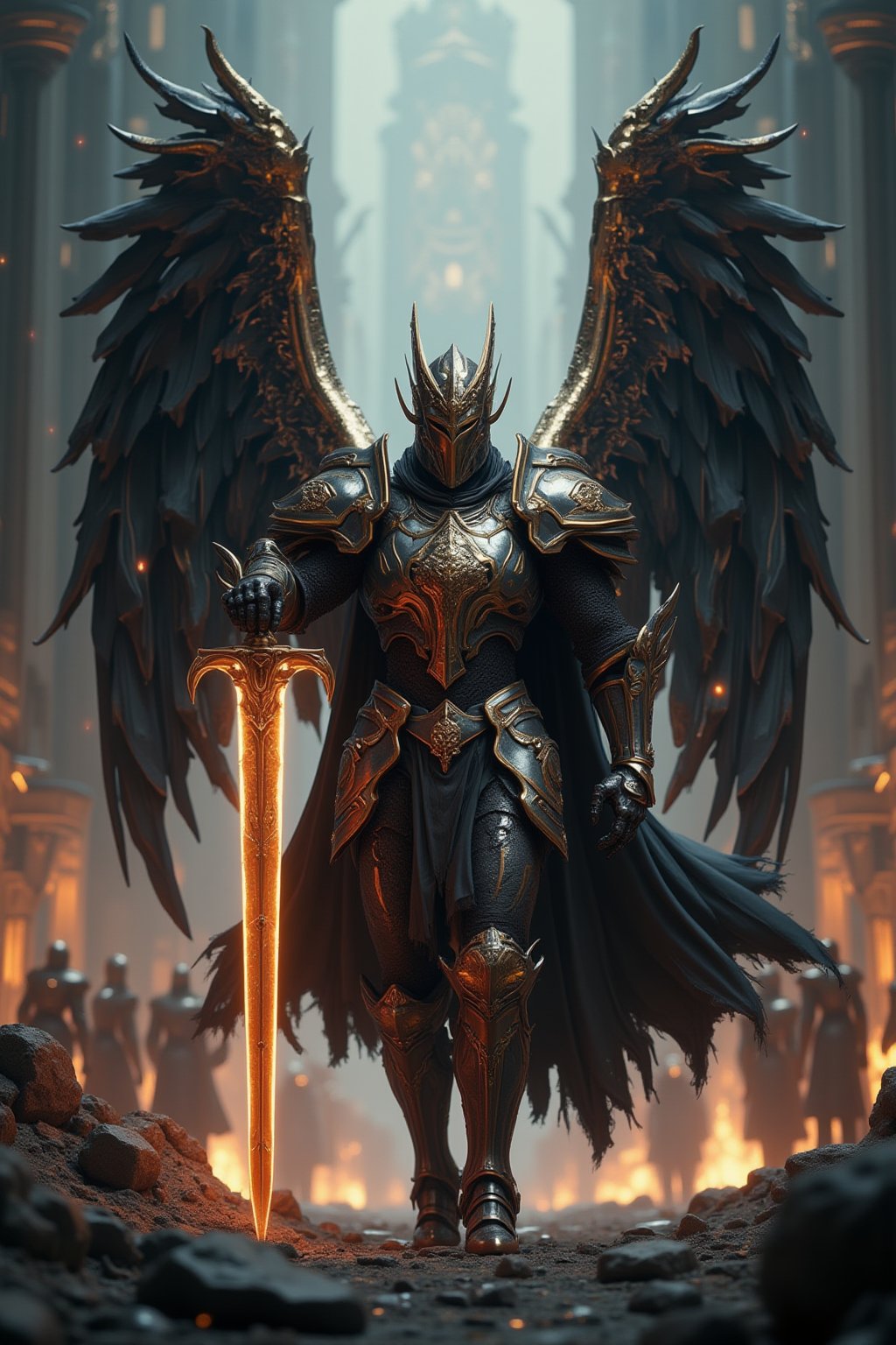 A hyper-realistic image of a tall, sturdy, bulky but sleek holy knight weilding a twohanded great sword raised up with both hands, glowing with royal aura, holy armor is intricately designed. intricately detailed holy wings folded in. running forward as vanguard in front of his royal warrior knights, the ground breaks and bursts at his every step forming an explosive debris of rocks and dirt.,FuturEvoLabScene