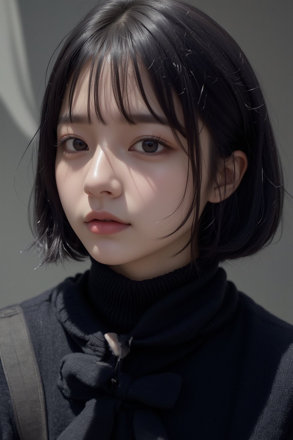 Raw photo. Sacred. Beloved. Pure, innocent, pure, 32 years old. Tattoo. Photorealistic portrait of a cute and pure Japanese girl with black bob hair. Kind. Emphasizing her innocence. She is wearing a black turtleneck sweater, which brings her features and facial expression into focus. The lighting is soft and natural, perfectly capturing her cuteness and purity without the distraction of the background. High resolution photo, soft focus lens, natural light, close-up composition, minimalist approach, attention to the texture and details of the sweater, highlighting her purity and innocence.