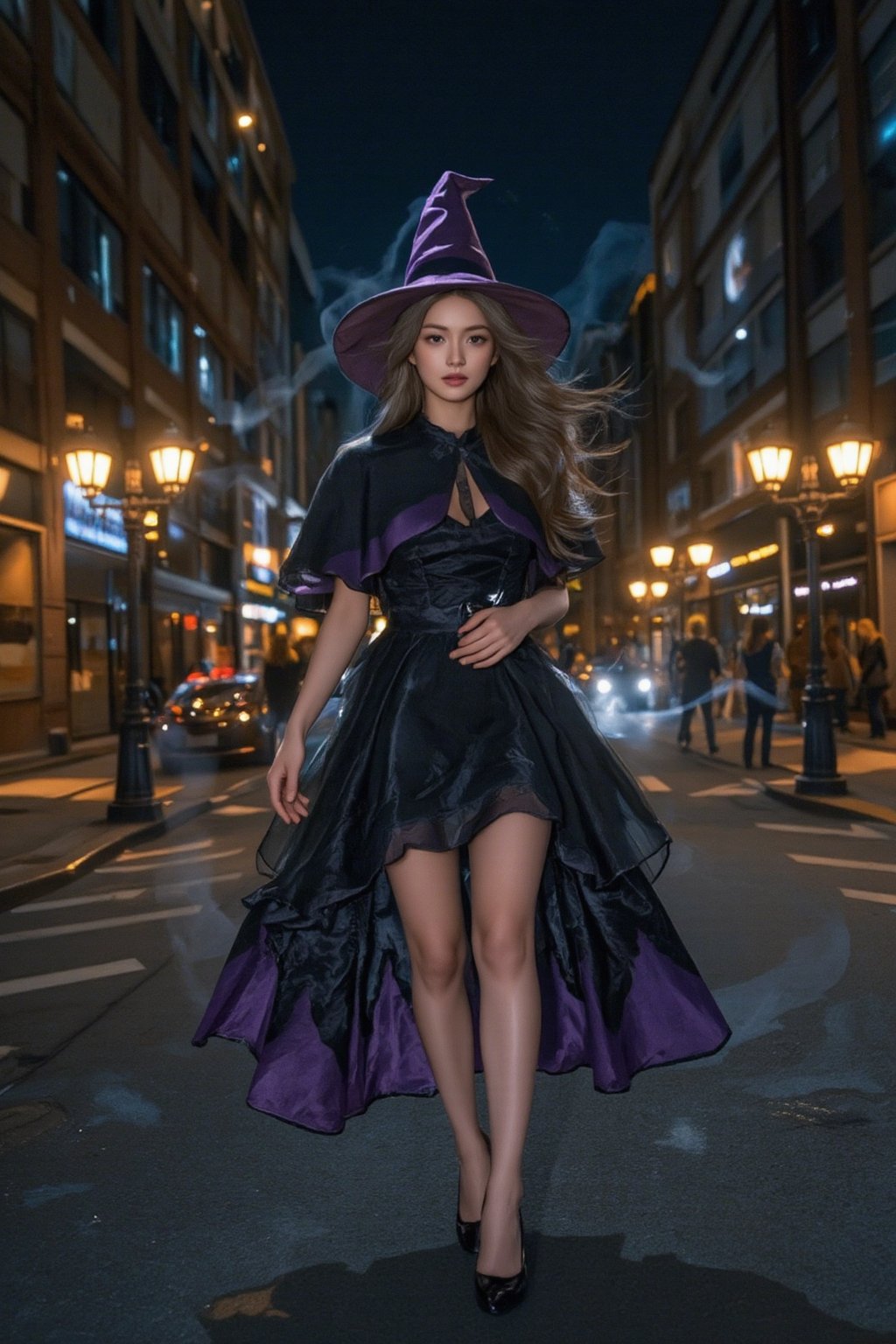 A high-quality anime-style illustration of a beautiful young girl in a Halloween witch costume, appearing ghostly as she floats down a deserted street at midnight. She wears a black and purple witch outfit, complete with a pointed hat and a long, flowing cape that drifts as if weightless. Her figure has a translucent, ethereal quality, as if she's a spirit wandering the night.

Her expression is calm yet slightly eerie, with her eyes softly glowing. The empty street is lined with Halloween decorations—dimly lit jack-o'-lanterns, mist-covered lampposts, and old-fashioned street lanterns casting faint, ghostly glows. Shadows dance around her in the moonlight, creating a haunting yet enchanting Halloween atmosphere, blending the supernatural wit
