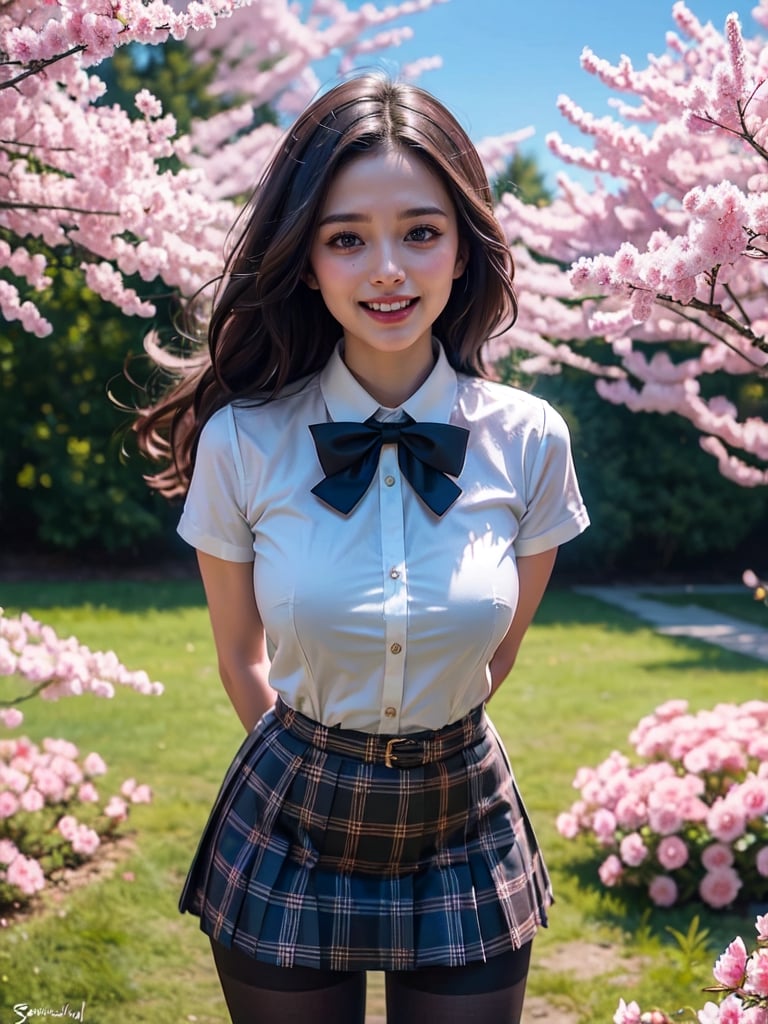 masterpiece, best quality, high res, samphire, long hair, red bowtie, white shirt, short sleeves, plaid skirt, brown skirt, pantyhose, standing, cowboy shot, leaning forward, arms behind back, outdoors, cherry blossoms, smile, open mouth, ,Blue Backlight