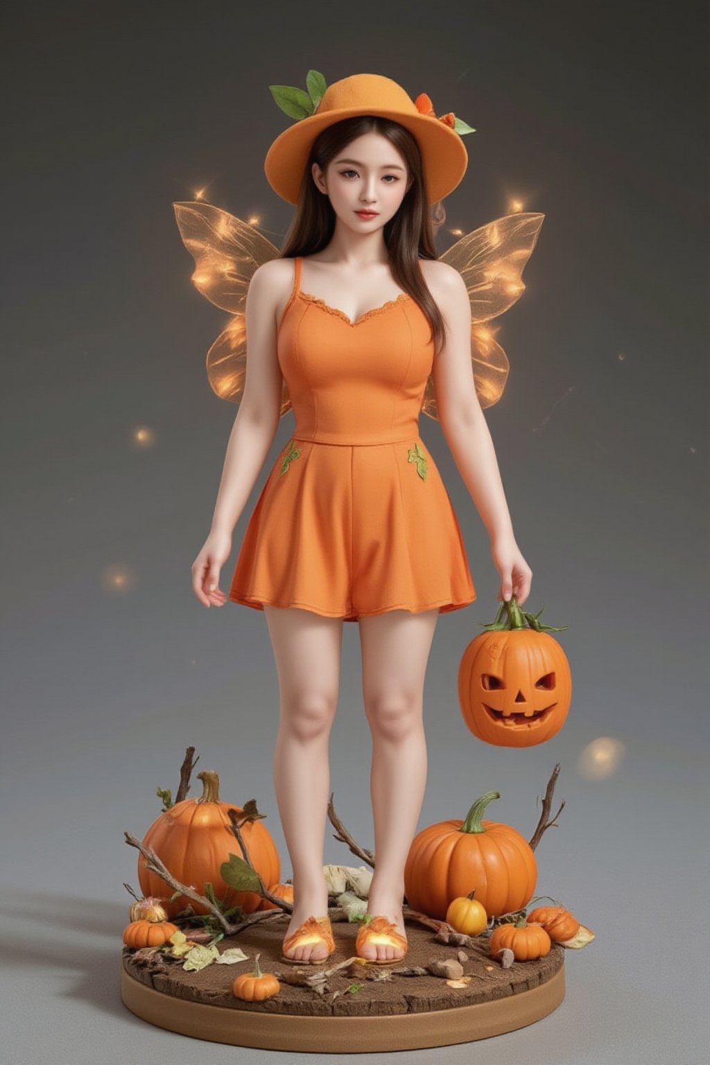 FuturEvoLabFigure, 
A cute anime-style figure of a girl dressed as a pumpkin fairy. She wears a bright orange pumpkin-shaped dress with green leaf accents and has small, glowing wings on her back. Her shoes resemble tiny pumpkins, and she holds a glowing jack-o'-lantern. The base is scattered with mini pumpkins and vines, giving the scene a lighthearted, playful Halloween feel.