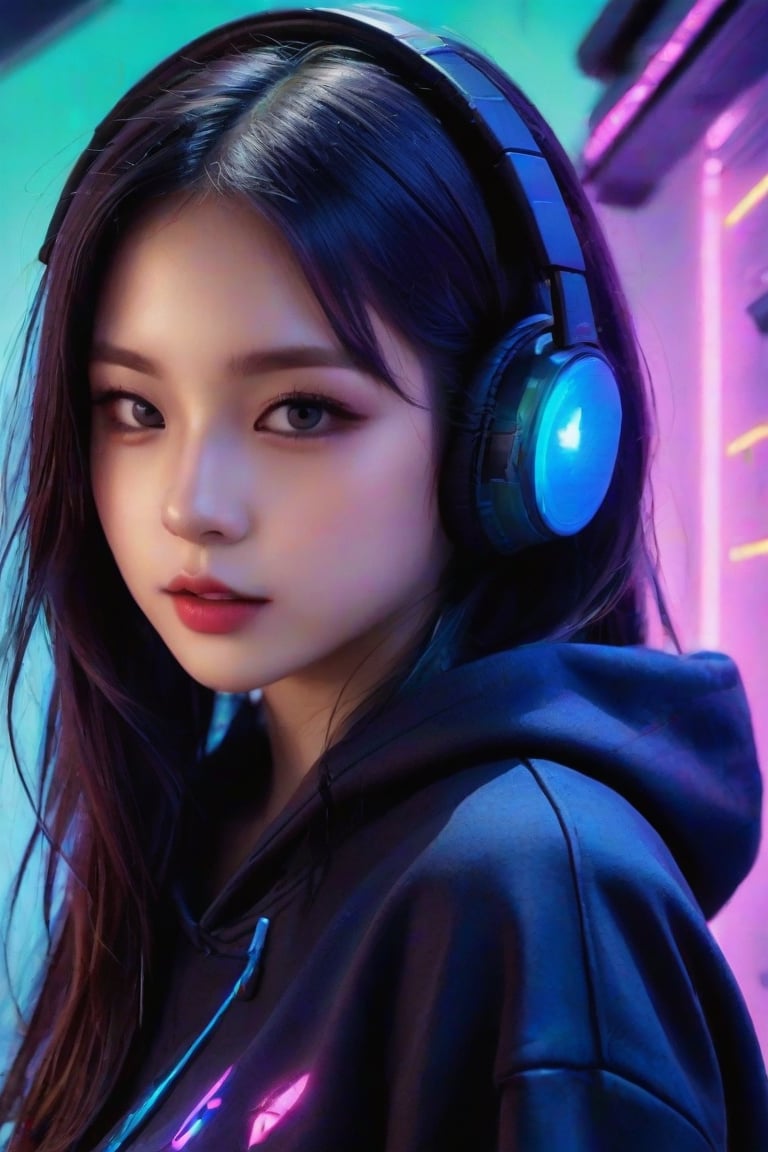 masterpiece, best quality, photorealistic, 1girl, solo, long straight hair, jet-black hair with neon highlights, looking at viewer, upper body, Cybernetic Lab Background, minimal background, neon blue and green lighting, soft shadows, focused expression, detailed skin, smooth features, cyber setup, classic portrait style, high clarity, simple background, cinematic lighting, wearing a sleek black hoodie with holographic elements and high-tech headphones, futuristic and edgy, FuturEvoLabMecha, FuturEvoLabAnime,FuturEvoLabCyberpunk