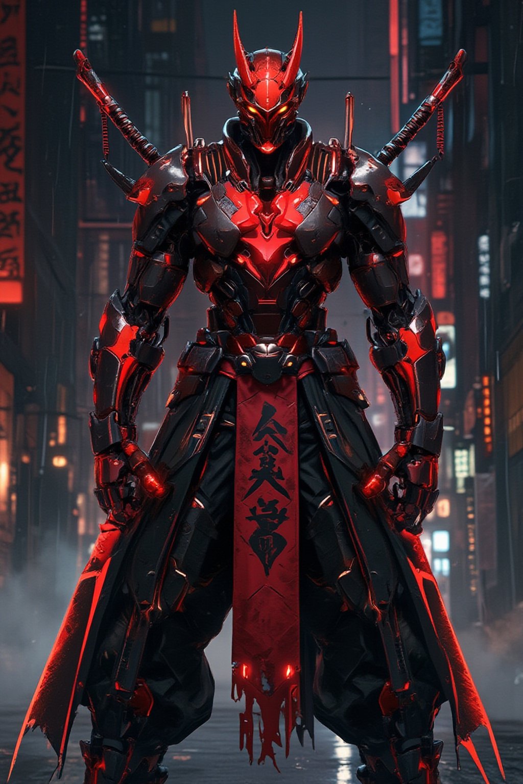 a red and black demon standing upright on the ground with two swords in front of him,  very beautiful cyberpunk samurai,...