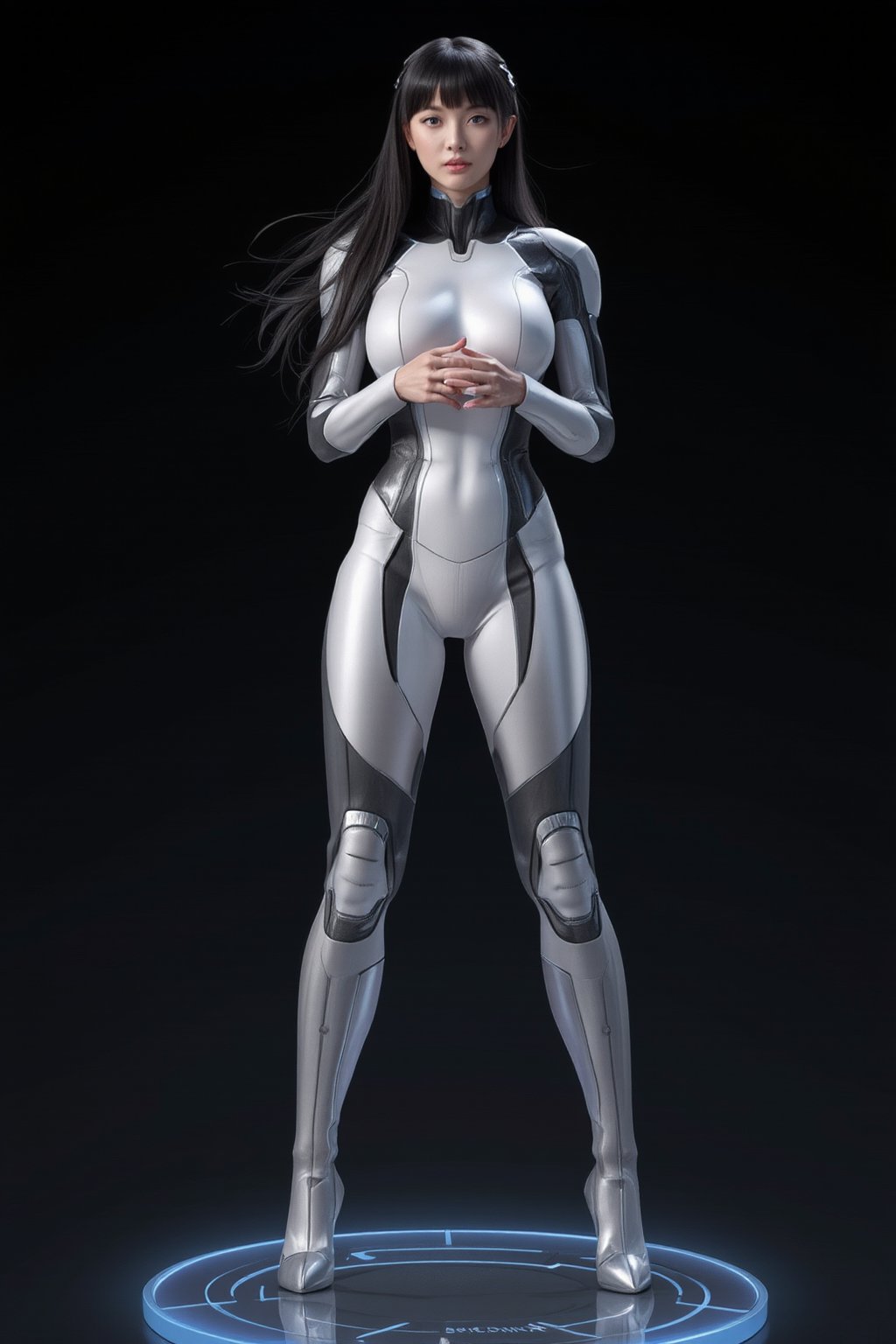 A high-quality anime-style figure of a stunning futuristic mech girl, dressed in sleek, high-tech armor. The figure features long, flowing black hair with a metallic sheen, cascading down her back, and her body is encased in a slim-fitting, glossy white and silver exosuit, highlighting her futuristic appearance. She is posed leaning slightly forward, with her hands resting together, exuding both elegance and power. Her armor is intricately designed, with glowing neon blue lines running across her body, giving off a high-tech, cybernetic vibe. Her legs are clad in form-fitting, armored plating that accentuates her sleek silhouette, with mechanical joints and robotic details visible at the knees and ankles. She stands on a clear, minimalistic base with holographic elements that create a sense of hovering technology. The design includes advanced weaponry subtly integrated into her armor, and her pose and expression blend grace with the strength of a high-tech warrior., FuturEvoLabGiant, 