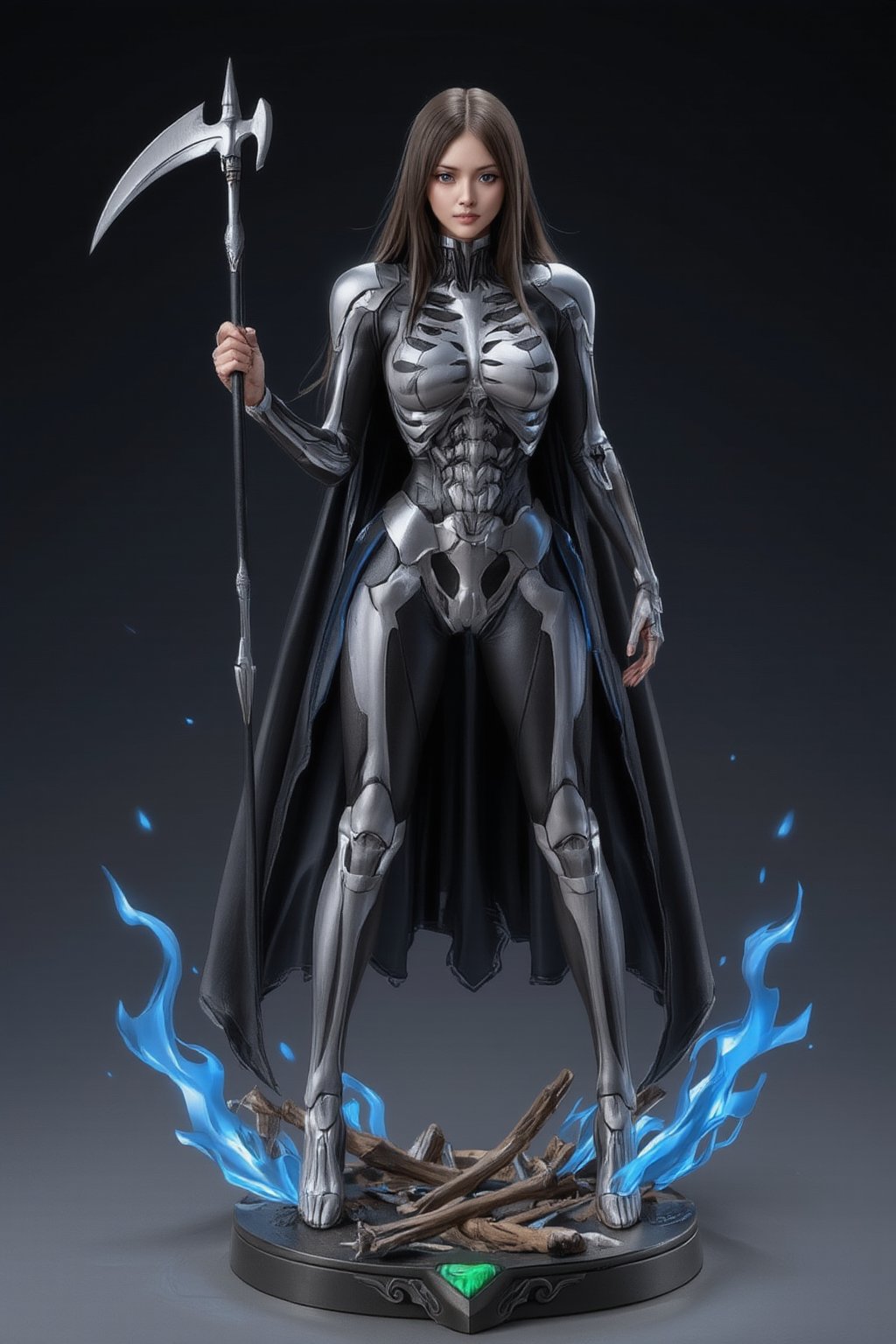 FuturEvoLabFigure, 
An anime-style figure of a girl dressed as a skeleton warrior, featuring an intricately designed bone-like armor. Her outfit consists of skeletal elements covering her body, with glowing blue eyes and a scythe in hand. The base is decorated with skeletal remains and eerie blue flames, creating a spooky yet powerful Halloween atmosphere.