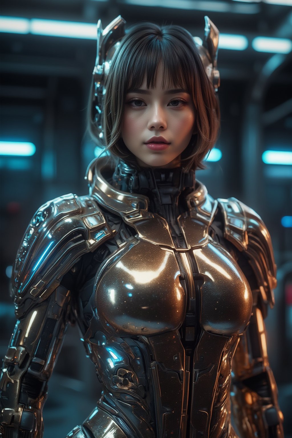 Inside the sleek, high-tech lab, a lone figure stands, gazing directly at the viewer with an air of confidence. The girl's short, bobbed hair is styled to perfection, framing her striking features. Her piercing gaze is focused on something just beyond the frame, as if inviting us into her world. She wears a futuristic bodysuit that highlights her toned upper body, its metallic sheen reflecting the lab's artificial lighting,FuturEvoLabMecha