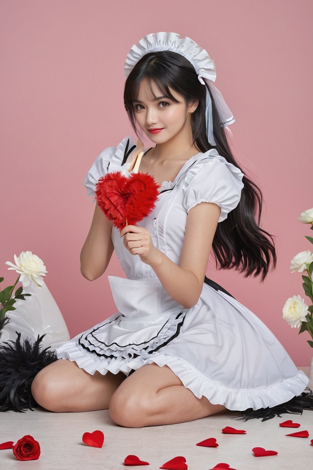 score_9, score_8_up, score_7_up,  1girl, maid, black hair, long hair, seducing viewer, feather duster, heart, curvy, maid headband, looking at the viewer, female focus, fishnets, posing, flowers, kneeling, red theme, from behind, magazine cover, ,Maid uniform