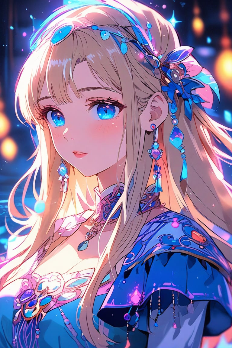 A stunning anime-style image of a solo, very beautiful girl with a himecut hairstyle, long blonde wavy hair, and bangs. She is dressed as a princess in a cute outfit, adorned with ornaments and jewelry, including earrings. Her blue eyes look directly at the viewer, with blush on her cheeks and parted lips. The image is of excellent quality, featuring light particles and water drops, with her eyelashes emphasized. The background is blurry, enhancing the masterpiece effect. FuturEvoLabAnime