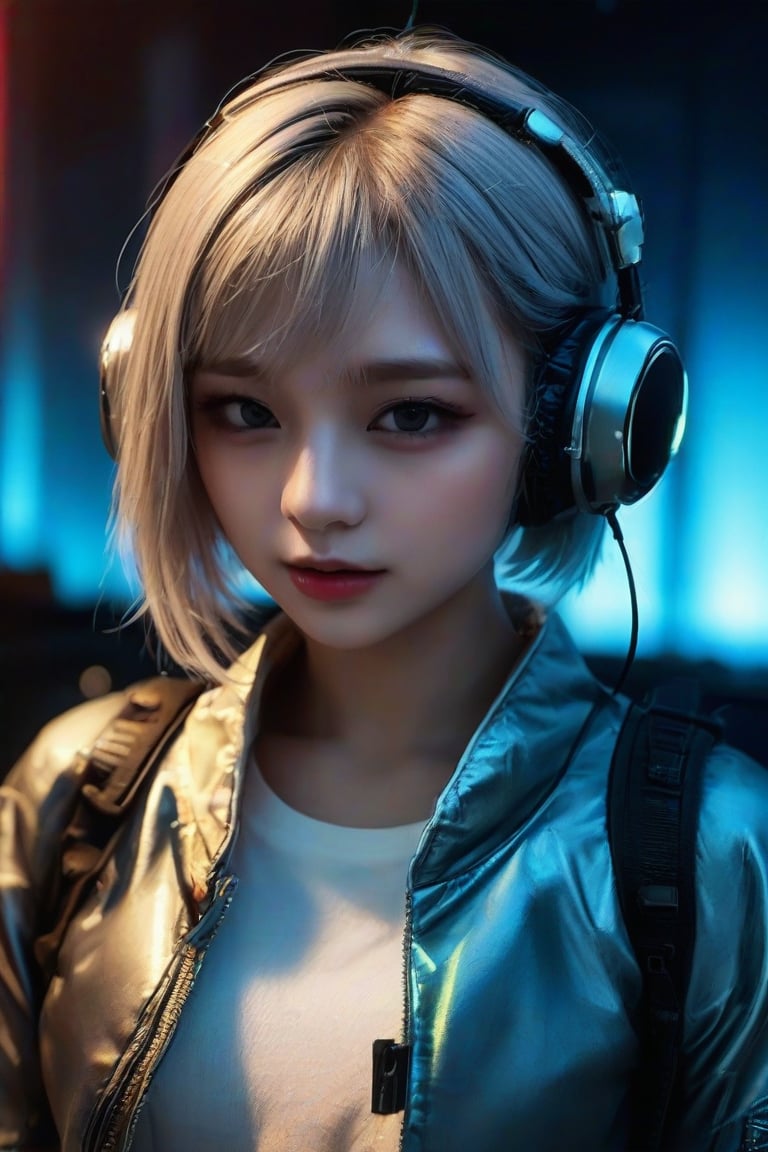 masterpiece, best quality, photorealistic, 1girl, solo, short bob cut, metallic silver hair, looking at viewer, upper body, Dark Urban Background, minimal background, soft blue lighting, sharp shadows, intense expression, detailed skin, smooth features, modern setup, classic portrait style, high clarity, simple background, cinematic lighting, wearing a futuristic techwear jacket with a high collar, neon-lit mask, and integrated headphones, mysterious and high-tech
