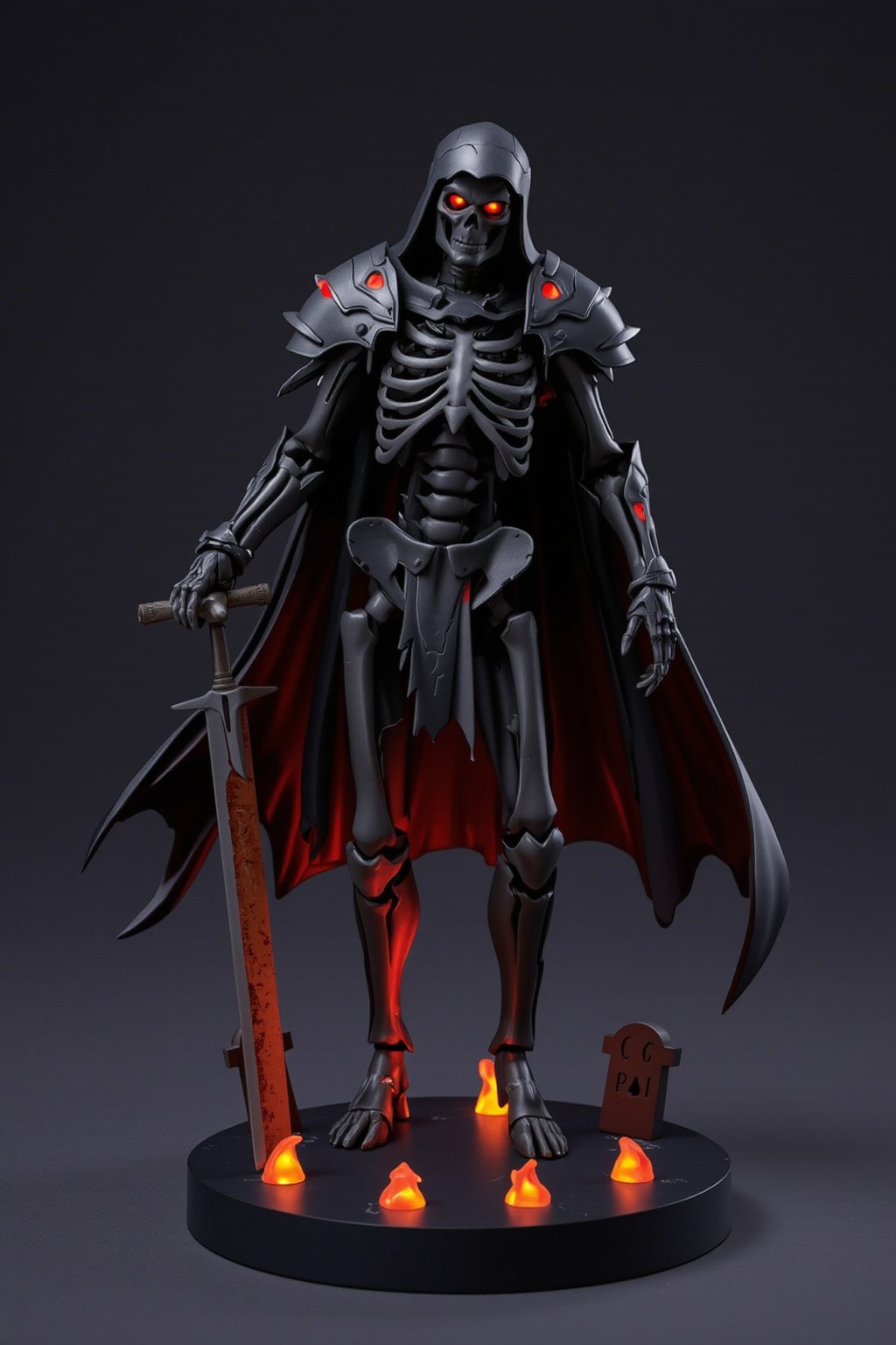 A high-quality anime-style figure of a skeletal knight, dressed in dark, tattered armor with glowing red eyes. His body is made of detailed skeletal parts, with glowing cracks running through the bones, giving him a haunting look. He holds a rusted sword in one hand, and his tattered cape flows behind him. The figure stands on a minimalistic base adorned with glowing embers and small gravestones, capturing the eerie presence of a fallen knight risen from the dead.
