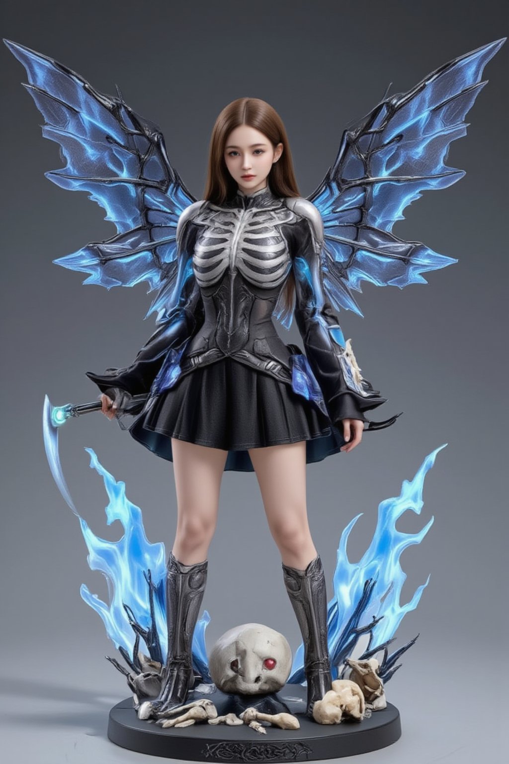 FuturEvoLabFigure, 
An anime-style figure of a girl dressed as a skeleton warrior, featuring an intricately designed bone-like armor. Her outfit consists of skeletal elements covering her body, with glowing blue eyes and a scythe in hand. The base is decorated with skeletal remains and eerie blue flames, creating a spooky yet powerful Halloween atmosphere.