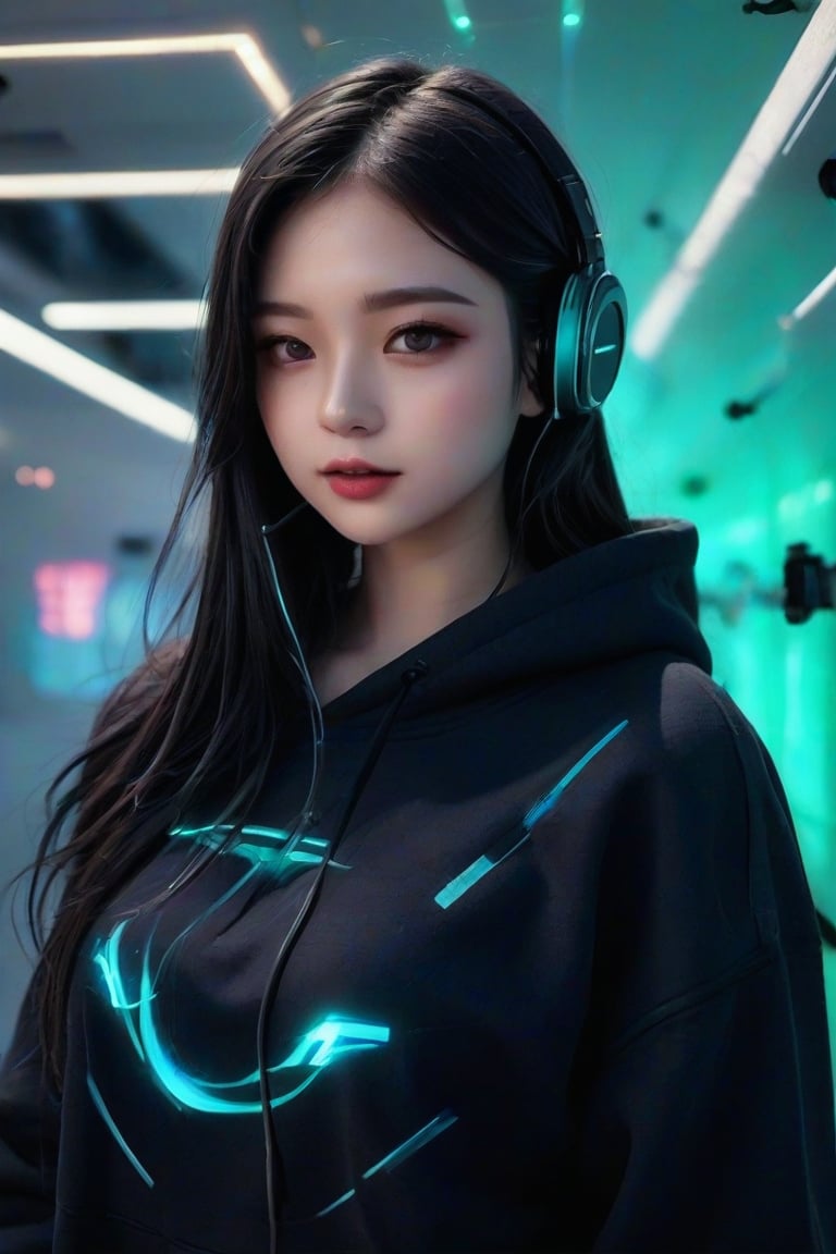 masterpiece, best quality, photorealistic, 1girl, solo, long straight hair, jet-black hair with neon highlights, looking at viewer, upper body, Cybernetic Lab Background, minimal background, neon blue and green lighting, soft shadows, focused expression, detailed skin, smooth features, cyber setup, classic portrait style, high clarity, simple background, cinematic lighting, wearing a sleek black hoodie with holographic elements and high-tech headphones, futuristic and edgy, FuturEvoLabMecha, FuturEvoLabAnime