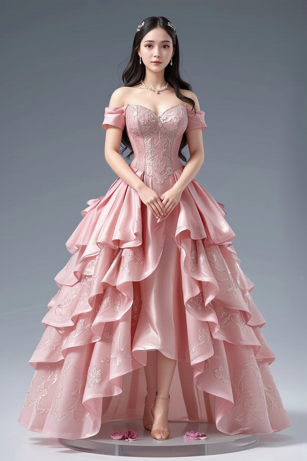 A high-quality anime-style figure of a stunning noblewoman, dressed in an elegant, flowing pink gown with intricate lace and embroidery. The figure features long, wavy black hair cascading down her back, beautifully styled to complement her regal appearance. Her gown is designed with a layered skirt that fans out gracefully, adorned with delicate floral patterns and shimmering gold accents, giving off a sense of royalty and grace. She is posed with her hands gently placed in front of her, exuding both elegance and refinement. The bodice of her dress is fitted, highlighting her graceful figure, while the voluminous skirt flows naturally around her. She stands on a clear, minimalistic base with soft, decorative elements like roses and ribbons, enhancing the overall noble and delicate atmosphere. Her expression is gentle yet poised, and her accessories include a pearl necklace and a tiara, completing the noble, princess-like aesthetic. The overall design captures both beauty and sophistication, blending classic aristocratic fashion with an ethereal charm.
