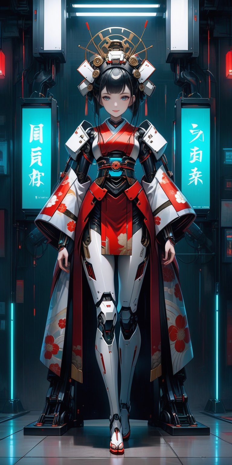 score_9, score_8_up, score_7_up, score_6_up, score_5_up,
(Full body shot), 1girl, solo, Full figure, exquisite body, beautiful face, exquisite arms, mechanical arms, mechanical legs, Japanese kimono, Japanese ancient headdress, geisha, Cyberpunk geisha, 