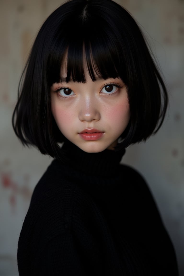 Raw photo. Sacred. Beloved. Pure, innocent, pure, 32 years old. Tattoo. Photorealistic portrait of a cute and pure Japanese girl with black bob hair. Kind. Emphasizing her innocence. She is wearing a black turtleneck sweater, which brings her features and facial expression into focus. The lighting is soft and natural, perfectly capturing her cuteness and purity without the distraction of the background. High resolution photo, soft focus lens, natural light, close-up composition, minimalist approach, attention to the texture and details of the sweater, highlighting her purity and innocence.