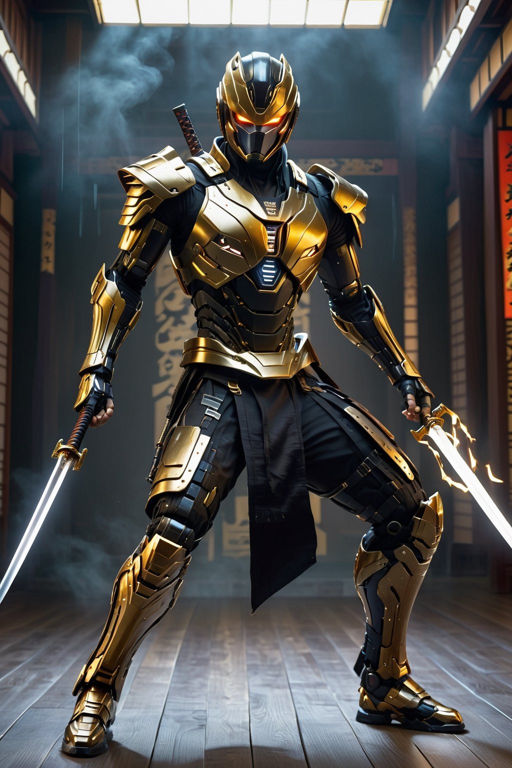 Robot ninja, military grade cyborg suit, jet-black streamlined body, extremely elaborate, precise flat, glowing katana, swiftly wielded sword slicing through enemies at lightning speed, sharp blade glinting in the sunlight at the moment, ,kabuki,glowing sword,cyborg,Ninja,ink,action shot,Gold