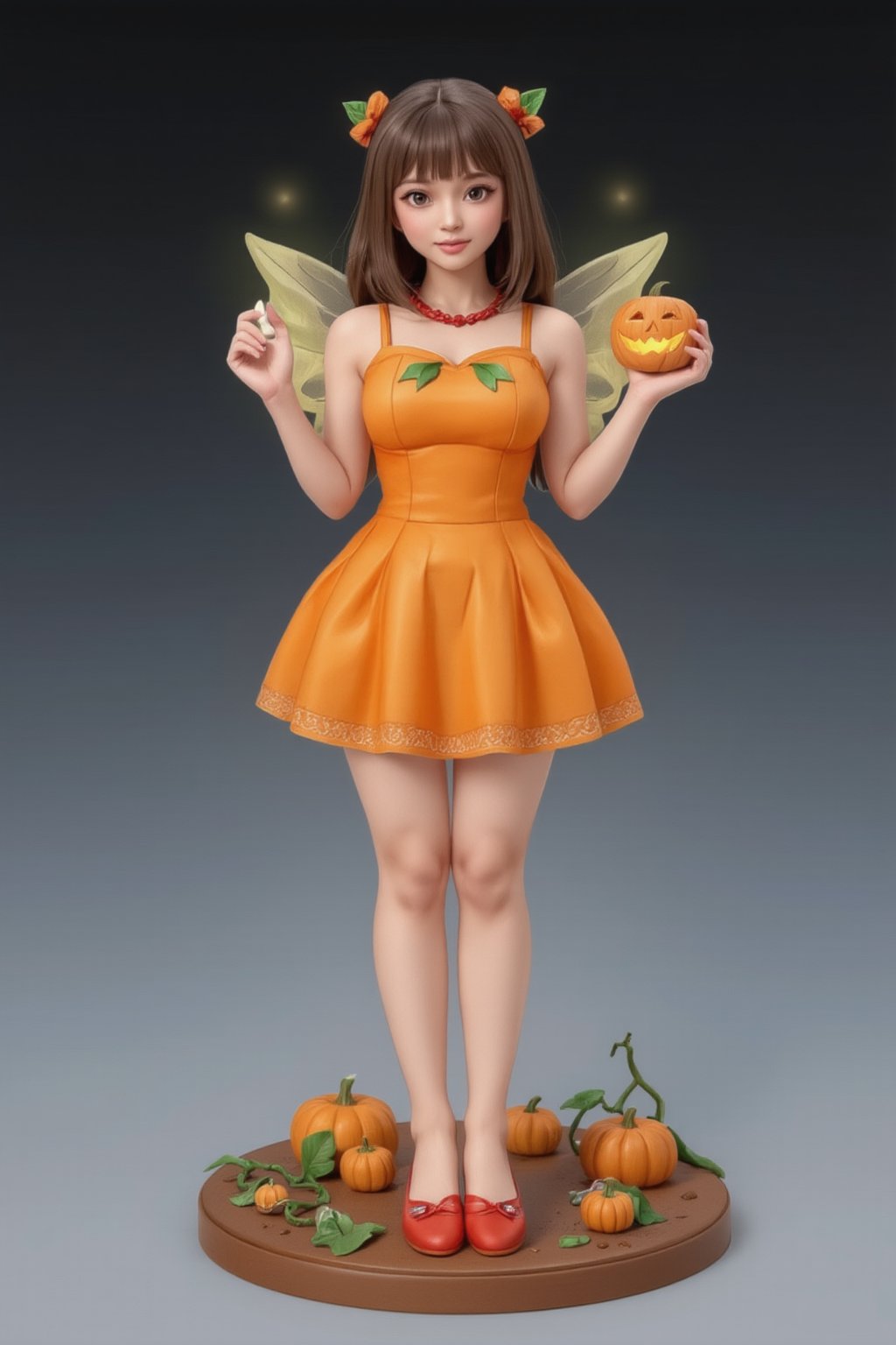 FuturEvoLabFigure, 
A cute anime-style figure of a girl dressed as a pumpkin fairy. She wears a bright orange pumpkin-shaped dress with green leaf accents and has small, glowing wings on her back. Her shoes resemble tiny pumpkins, and she holds a glowing jack-o'-lantern. The base is scattered with mini pumpkins and vines, giving the scene a lighthearted, playful Halloween feel.