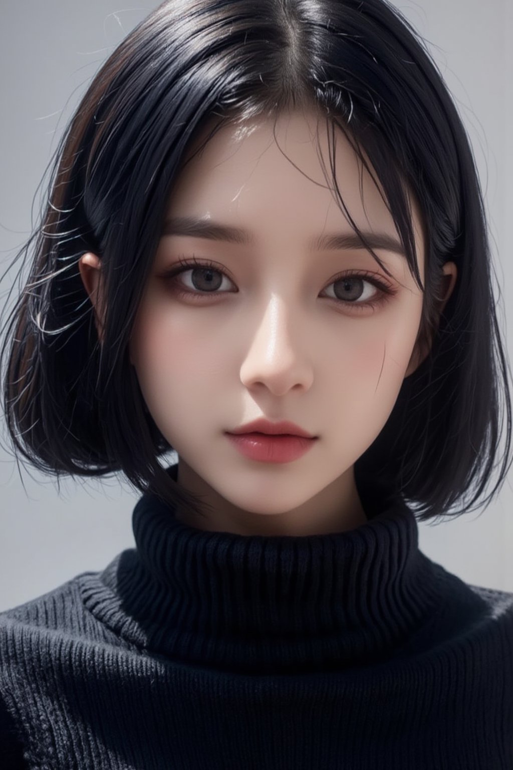 Create a photorealistic portrait of a pure and innocent 32-year-old Japanese woman with a black bob haircut. She is wearing a black turtleneck sweater that highlights her facial features and expression, emphasizing her cuteness and innocence. The lighting should be soft and natural, with a close-up composition that focuses on her kind demeanor. The photo should have a high resolution, using a soft focus lens to capture the texture and details of the sweater, while maintaining a minimalist approach without background distractions, FuturEvoLabArmor,Spider spirit Fourth sister