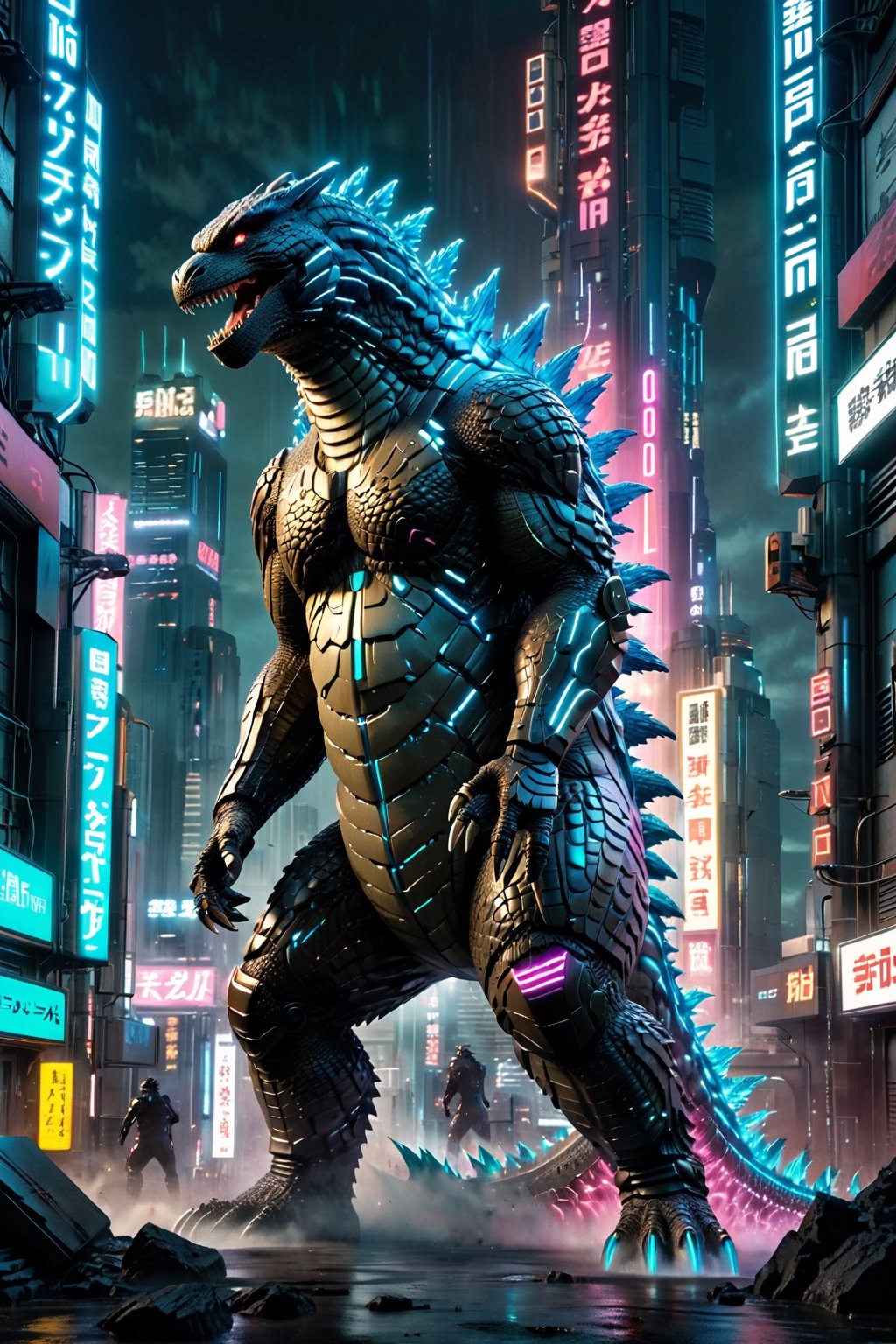 score_9, score_8_up, score_7_up, score_6_up, score_5_up, score_4_up, 
Godzilla, full body, Cyberpunk style, facing the viewer, Godzilla tail, roar, laser, daytime.,Doton,Cyberpunk