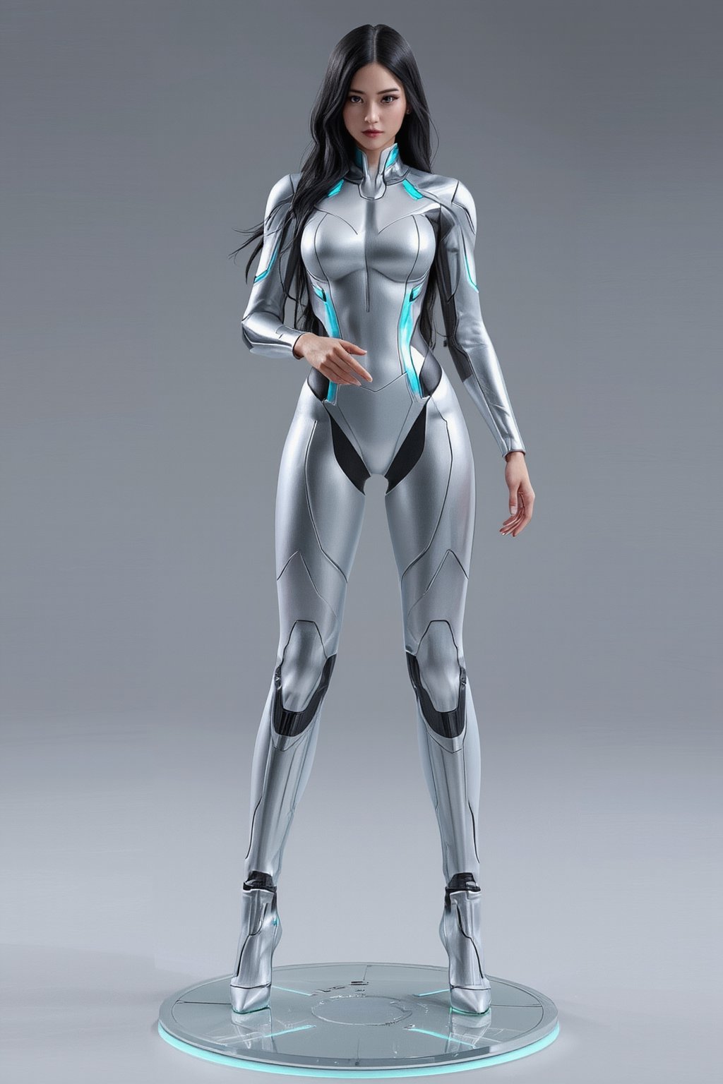 A high-quality anime-style figure of a stunning futuristic mech girl, dressed in sleek, high-tech armor. The figure features long, flowing black hair with a metallic sheen, cascading down her back, and her body is encased in a slim-fitting, glossy white and silver exosuit, highlighting her futuristic appearance. She is posed leaning slightly forward, with her hands resting together, exuding both elegance and power. Her armor is intricately designed, with glowing neon blue lines running across her body, giving off a high-tech, cybernetic vibe. Her legs are clad in form-fitting, armored plating that accentuates her sleek silhouette, with mechanical joints and robotic details visible at the knees and ankles. She stands on a clear, minimalistic base with holographic elements that create a sense of hovering technology. The design includes advanced weaponry subtly integrated into her armor, and her pose and expression blend grace with the strength of a high-tech warrior., FuturEvoLabGiant, 