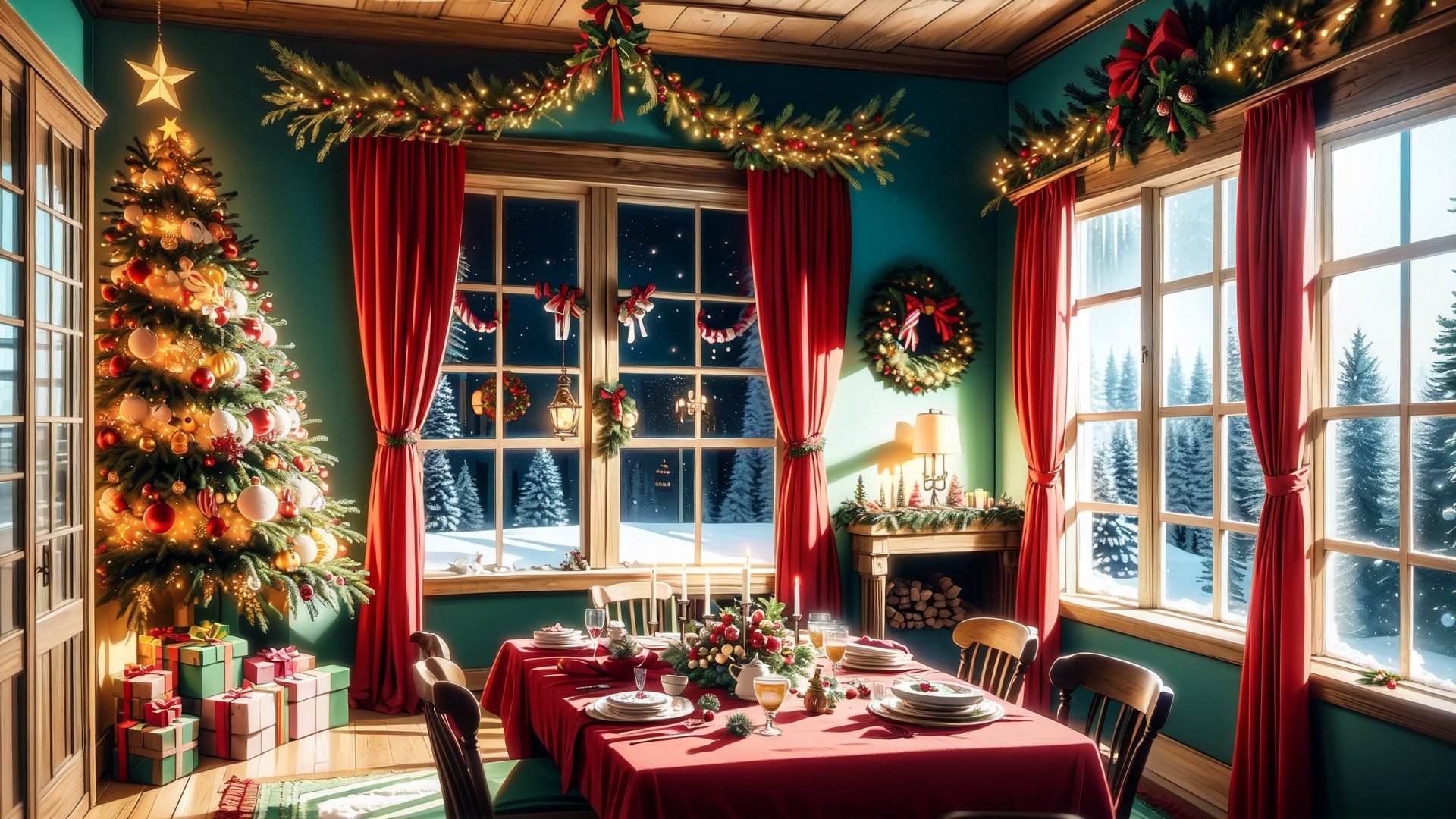 Christmas tea,  window overlooking a magical forest,  curtains on the window by FuturEvoLab on Tensor.Art