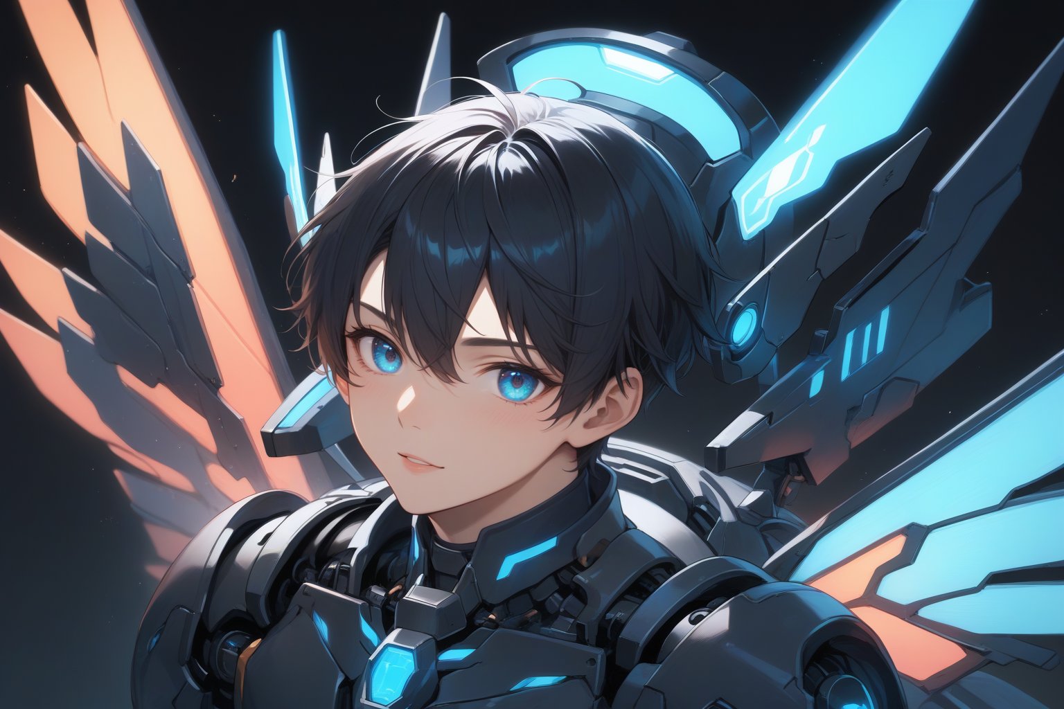 score_9, score_8_up, score_7_up, source_Anime, masterpiece, best quality, ultra-detailed, ultra high res, realistic lighting, 
BREAK
(upper body:1.5), (1boy:1.5), solo, golden ratio, short hair, black hair, blue eyes, detailed oily skin, (black mecha:1.5), black mechanical wings, glowing wings:1.5, looking at viewer, 
beautiful android, balanced and symmetrical face, Japanese boy, 30 old boy, 
(black background:1.2), FuturEvoLab, mecha, Fire Angel Mecha, 