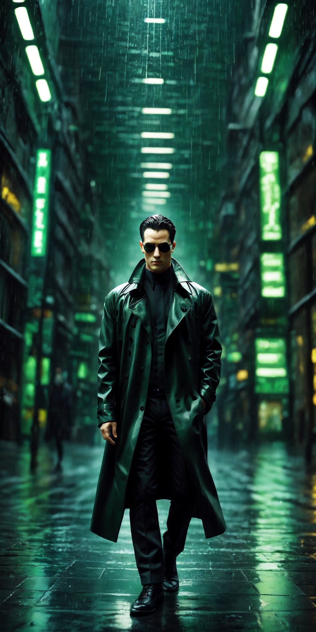 Matrix, full body, 1 man, black coat, sunglasses, green code rain,