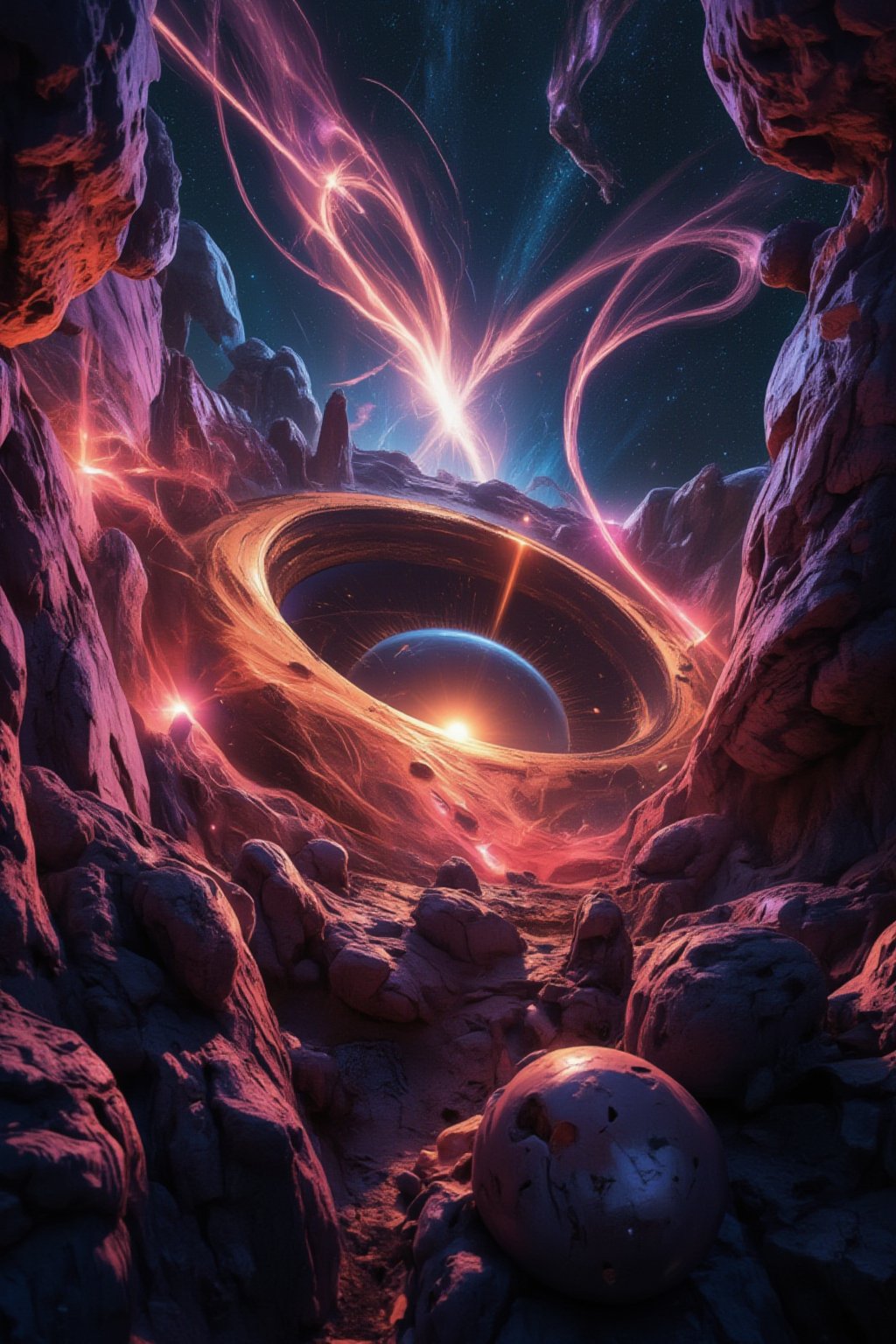 A surreal, hyper-realistic image of a black hole surrounded by vibrant cosmic colors and phenomena. The event horizon appears as a deep, black void, while the accretion disk glows brightly in hues of red, gold, and violet. Streams of energy and light twist and stretch around the black hole, bending due to the immense gravitational pull, creating visual distortions that are both strange and captivating. In the background, swirling clouds of gas and dust stretch across the universe, while nearby stars appear stretched and distorted due to gravitational lensing. The overall scene captures the power and mystery of a black hole with a fantastical, yet scientifically inspired, aesthetic, FuturEvoLabScene