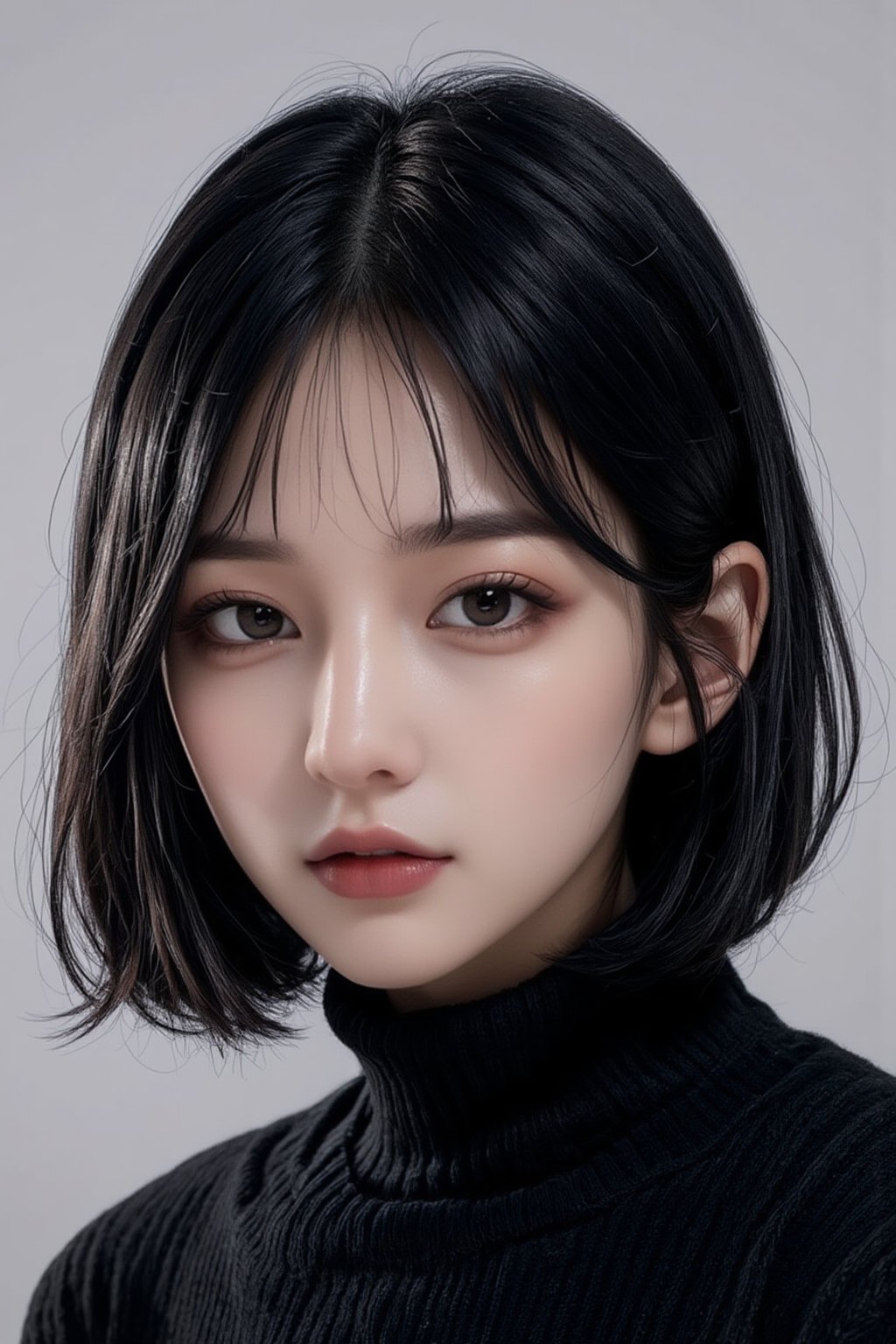 Create a photorealistic portrait of a pure and innocent 32-year-old Japanese woman with a black bob haircut. She is wearing a black turtleneck sweater that highlights her facial features and expression, emphasizing her cuteness and innocence. The lighting should be soft and natural, with a close-up composition that focuses on her kind demeanor. The photo should have a high resolution, using a soft focus lens to capture the texture and details of the sweater, while maintaining a minimalist approach without background distractions, FuturEvoLabArmor,Spider spirit Fourth sister